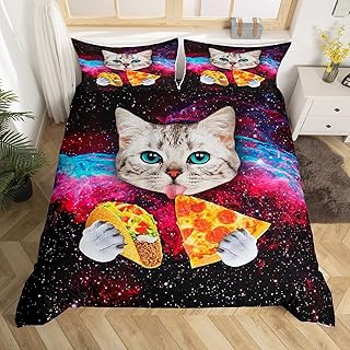 Galaxy Cat Bedding Queen for Girls Boys Cute Colorful Cat Print Duvet Cover Galaxy Funky Food Design Comforter Cover Funny Home Universe Pizza Decor Bedding Quilt with Pillowcases,Zipper,Ties