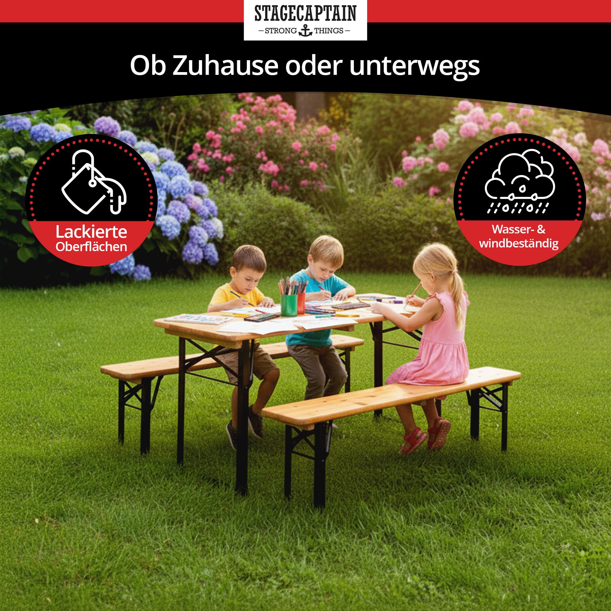 Stagecaptain BBK-110 Hirschgarten Bierzeltgarnitur für Kinder - Kurze Version mit 110 cm Länge - Klappbare Festzeltgarnitur 1x Tisch 2X Bank - Sitzgarnitur aus Holz - Innen & Außenbereich - Natur