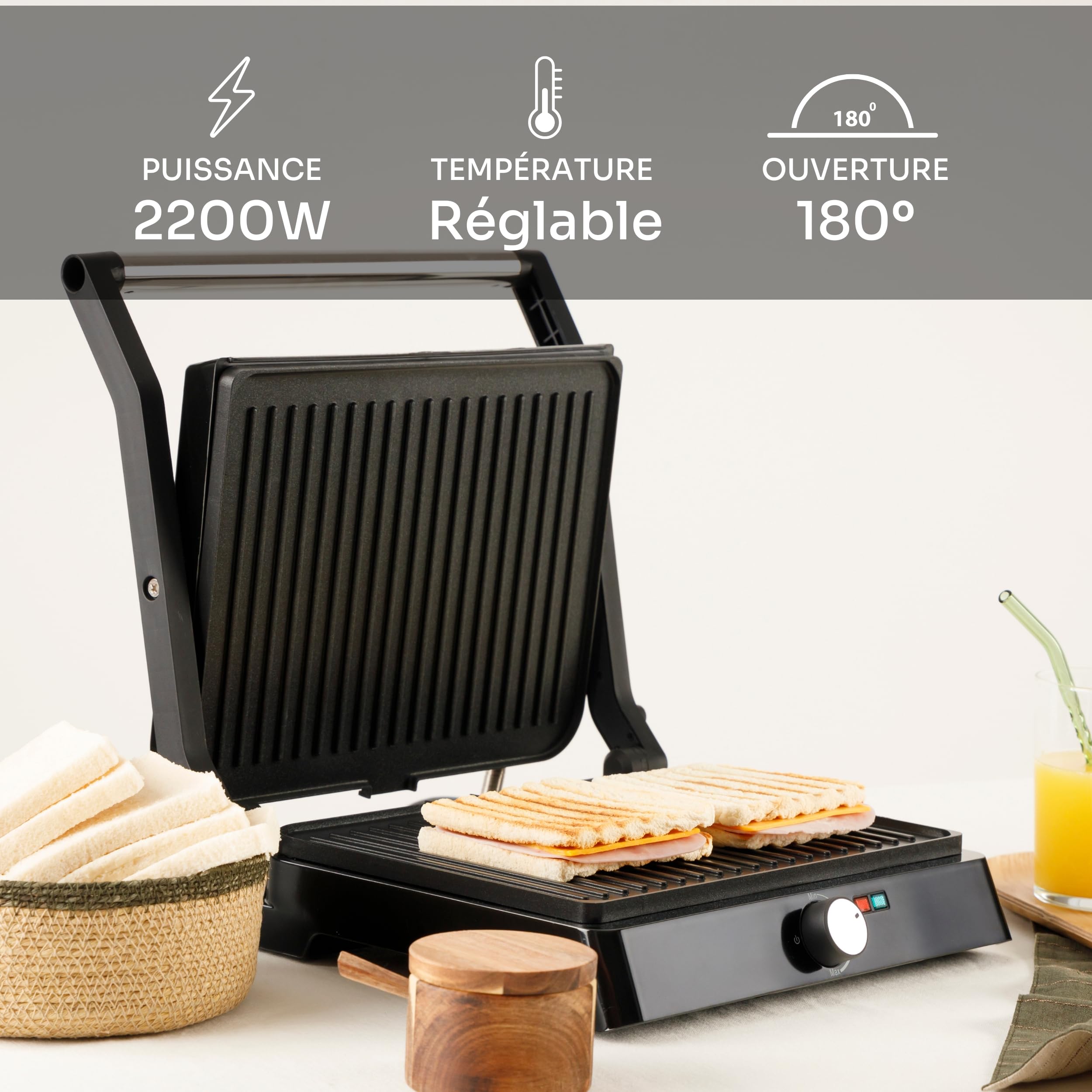 Mellerware - Gril électrique portable Hotty ! | 2200W | Anti-adhérent | 3 en 1 (Cuisinière, Assiette, Barbecue) | Régulateur de température | LED | Ouverture 180 degrés | 29 × 46 cm | Acier inoxydable