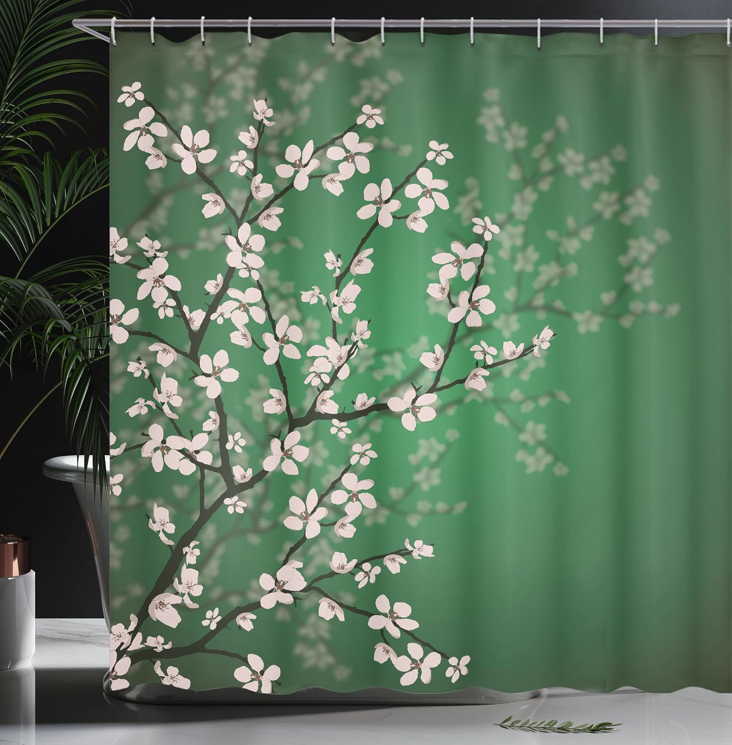 Ambesonne Japanese Shower Curtain, Spring Season Sakura Bloom Design Romantic Cherry Blossom on Blurry Branches, Cloth Fabric Bathroom Decor Set with Hooks, 69" W x 70" L, Fern Green