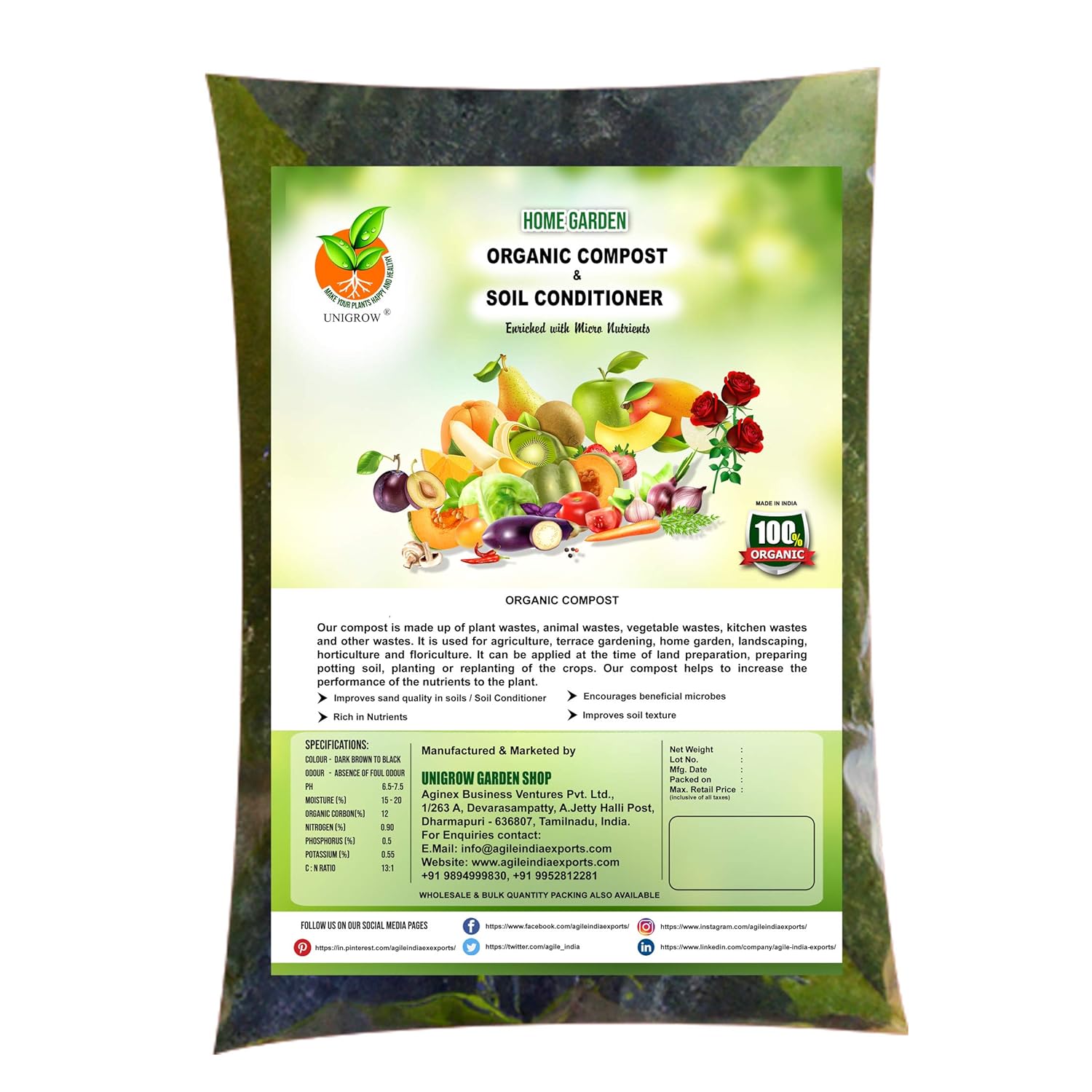Unigrow Organic Compost Soil Conditioning Fertilizer with Pleasant Fresh Soil Odor for Increased