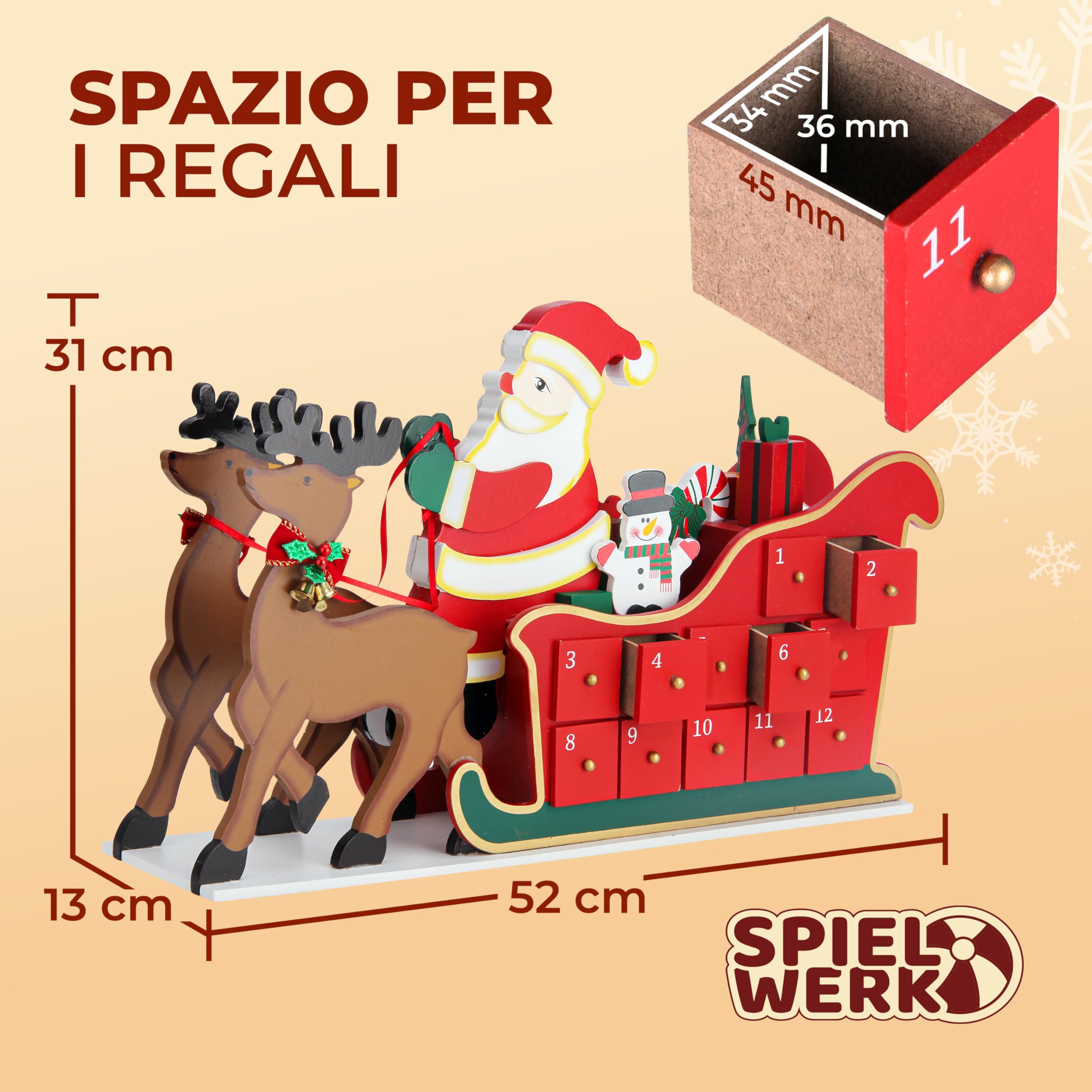 Spielwerk® Calendario dell' Avvento Riutilizzabile in Legno Babbo Natale con Slitta Decorazione Natalizia da Riempire