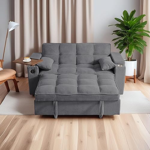﻿ Large Size Convertible Sleeper Sofa Bed,Polka dot Velvet Pull Out Futon Couch with Storage handrails & Rotating Side Tables,Convertible Sofa Couch for Living Room,RV (Dark Grey)