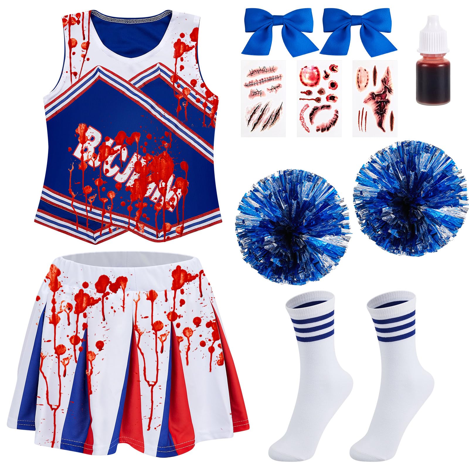 Hestya Girls Halloween Costume Zombie Cheerleader Dress Outfit Blood High School Costume for Kids Girls, Blue