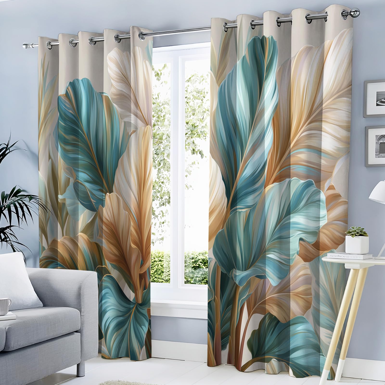 Rideaux plantes tropicales bleu-vert 140x240 | Rideau occultant à oeillets jungle de chambre