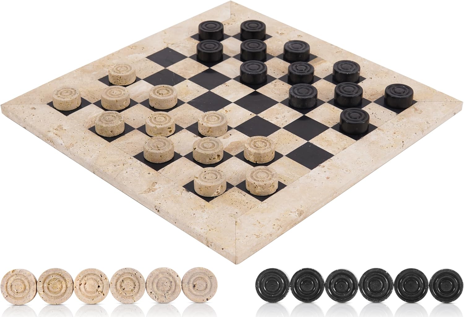 Marble Checkers Set 15 Inch Handmade Travertine & Black Checkers Board Game with Checker Pieces - Board Games for Adults, Game Table Accessories, Gifts & Home Décor