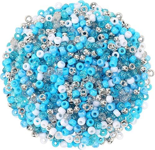 UPINS 1200Pcs Winter Pony Beads,Blue and White Pony Beads Hanukkah Snowflake Hair Glitter Beads Bulk Ocean Sea Beads for Crafts Friendship Necklace