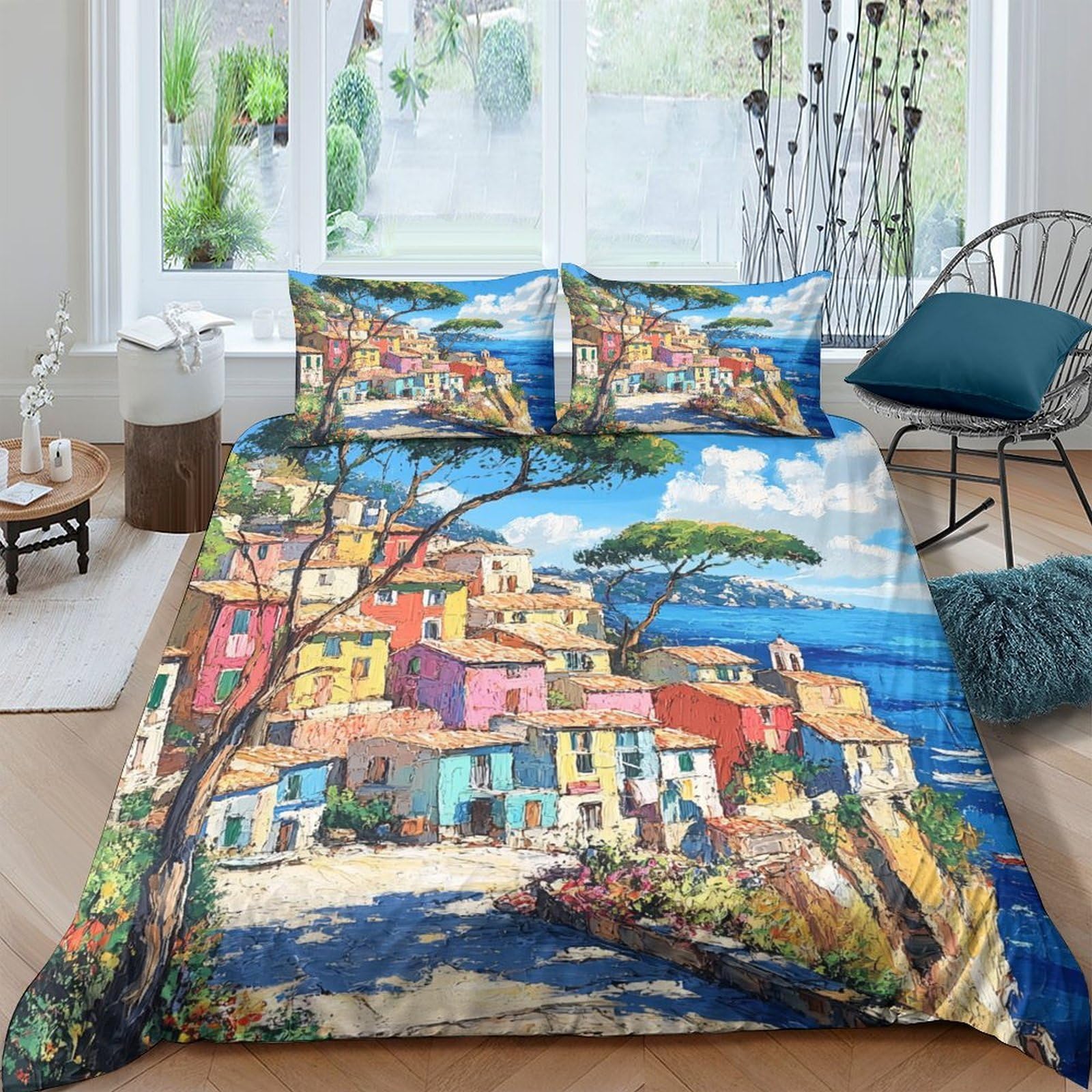 Ctjqhvkz Style-4 3D Printed Italian Coastal Village Fitted Sheet Microfiber Soft Colorful Seaside Bed Cover For Bedroom Guest Room Decor Single（135X200cm）