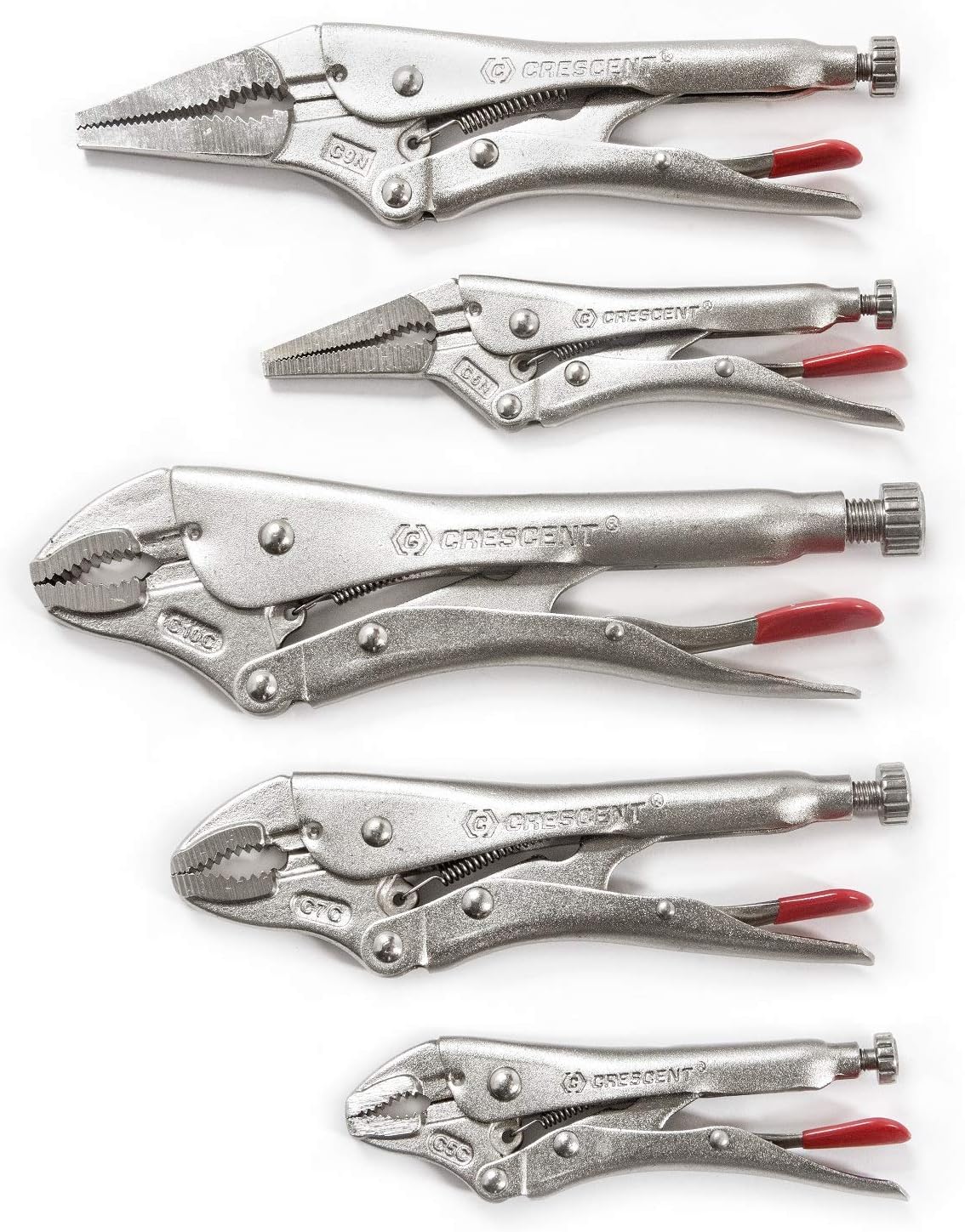 Crescent 5 Piece 5 Inch, 7 Inch & 10 Inch Curved Jaw & 6 Inch & 9 Inch Long Nose Locking Pliers with Wire Cutter - CLP5SETN