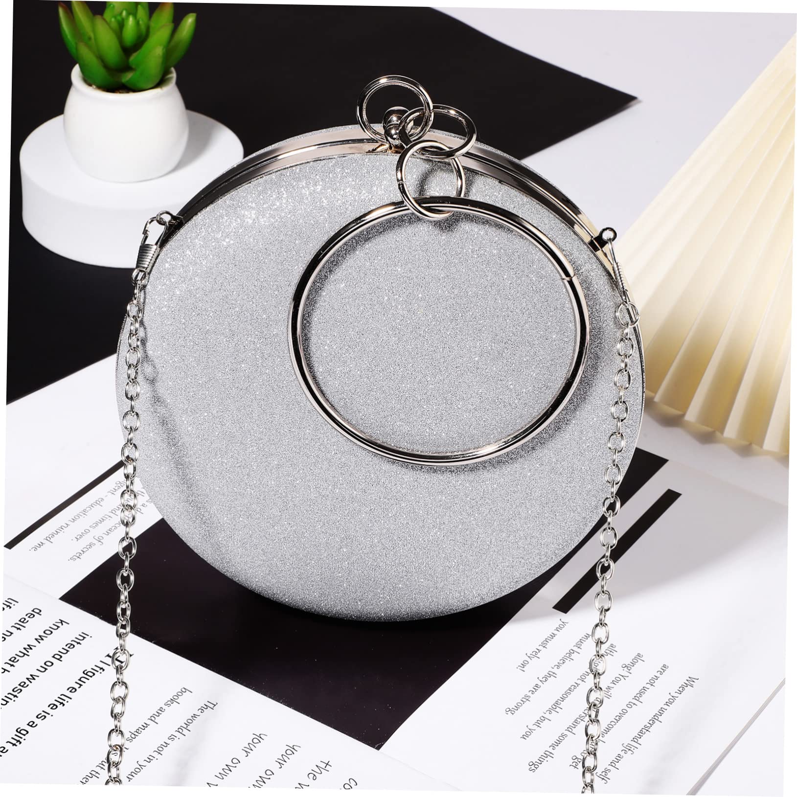 Borsa Femminile Rotonda Color Argento con Catena di Perline e Cinturino per Cerimonia o Festa Raffinata
