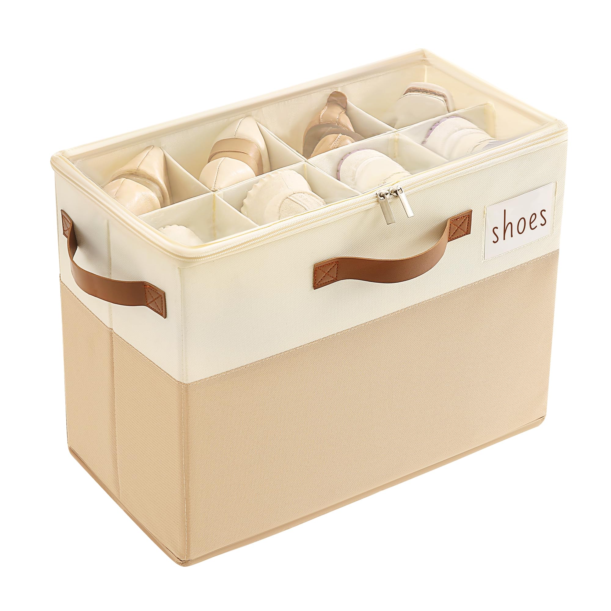 Varhomax Schuhorganizer-Box für Schrank | Stoff-Aufbewahrungsbox mit verstellbaren Trennwänden & transparenter Abdeckung (Braun-Klein-1 Packung)