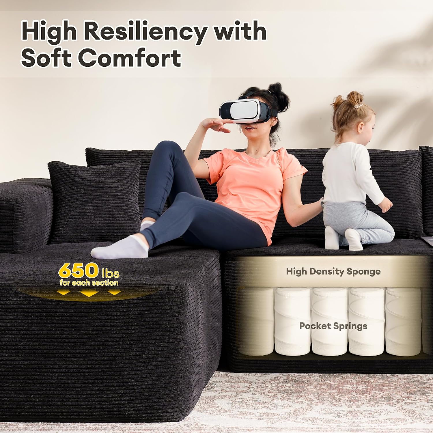HOOOWOOO Sectional L Shaped Couch,104" Assembly Free Modern Minimalist Sofa,Extra Deep Large Sofa Set,Corner Couch in A Box for Living Room(Right Chaise Black Corduroy Uphosted)