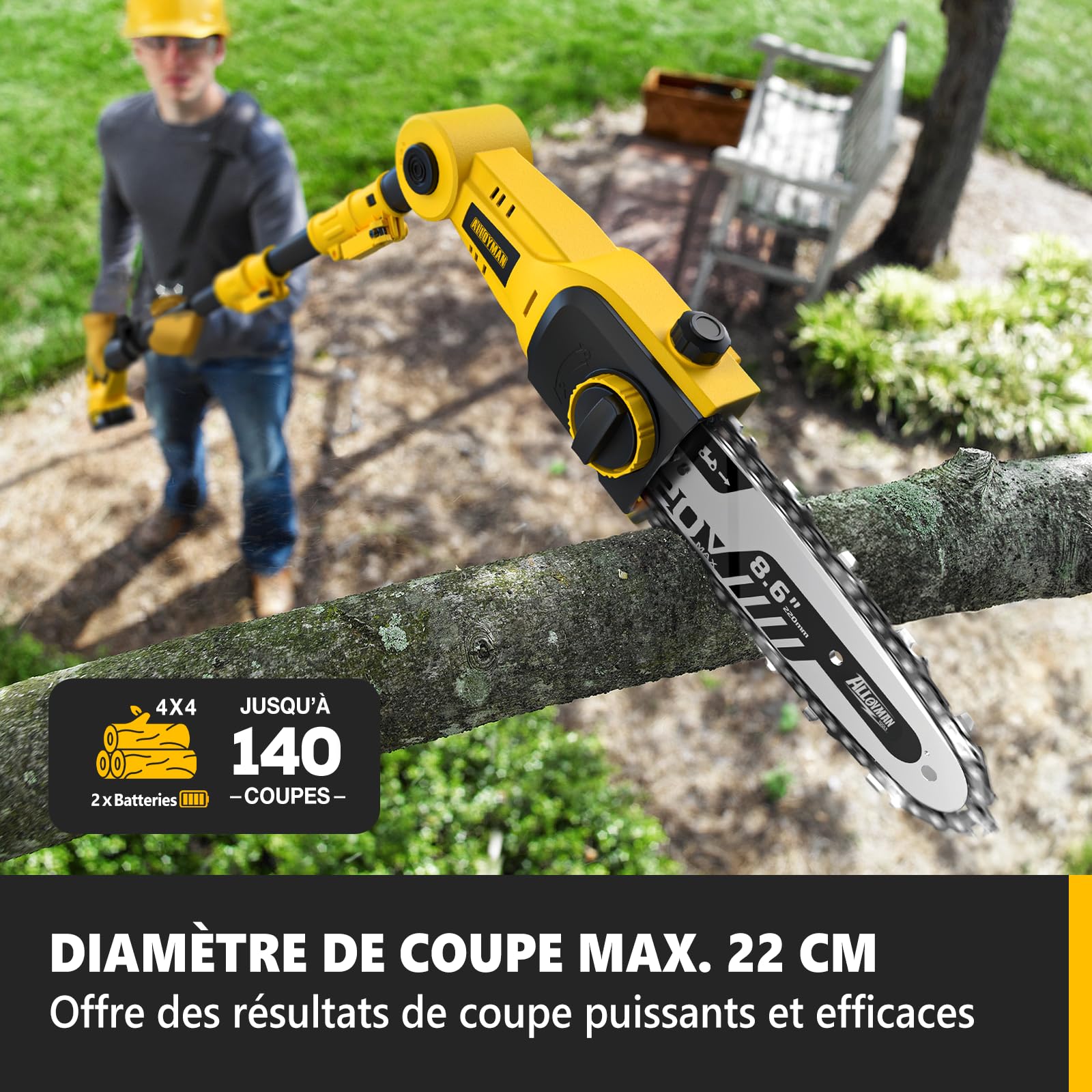 Alloyman 20V Max Taille-haie télescopique sans Fil 2-en-1 et élagueuse sur Perche, avec 2 Batteries de 4,0 Ah et Chargeur, scie télescopique de 2,4 m pour la Taille des Haies et des arbustes