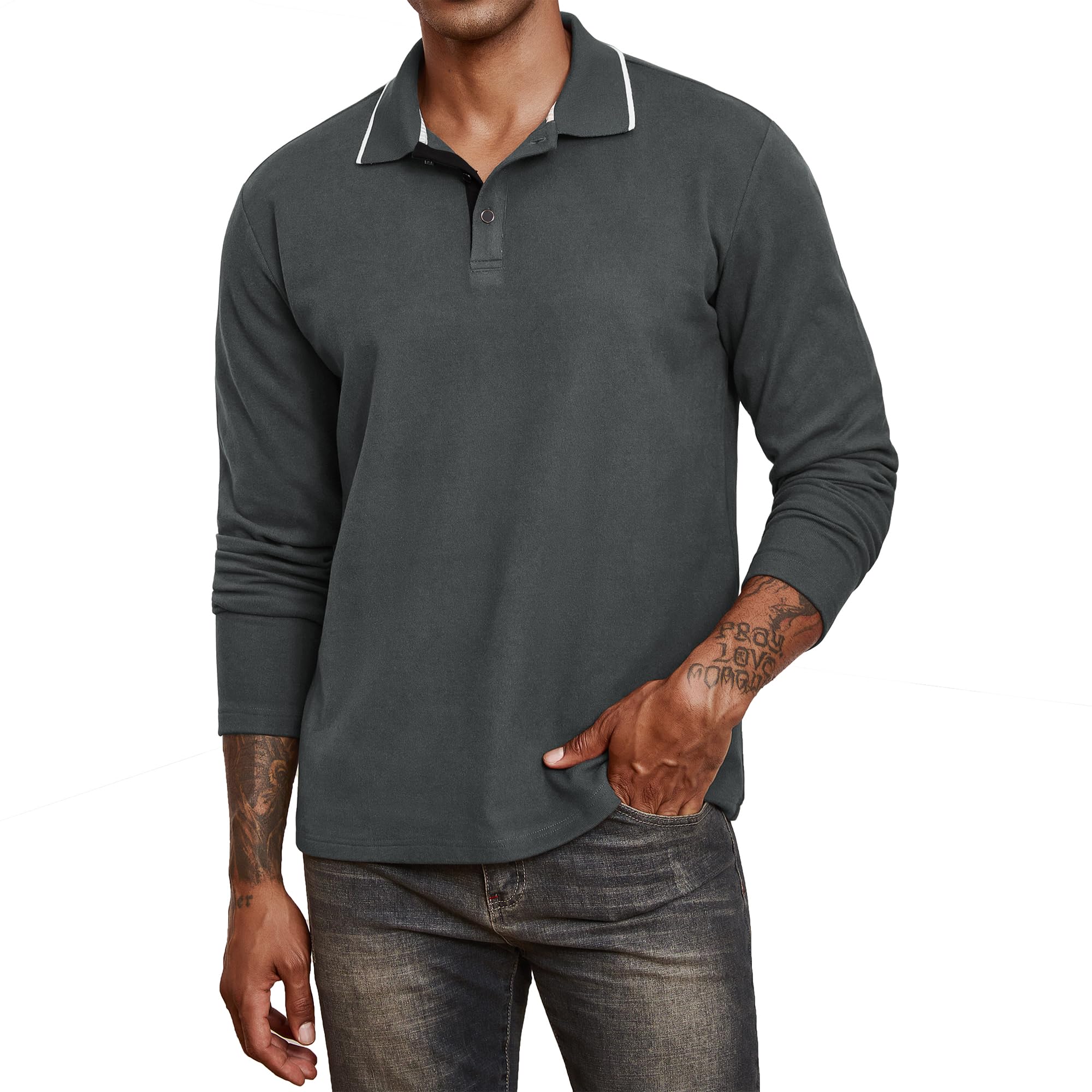Thkzn Men's Polo Shirts Long Sleeve Fleece Lined Button Down Knit Tees Casual Collared Golf Shirt for Men