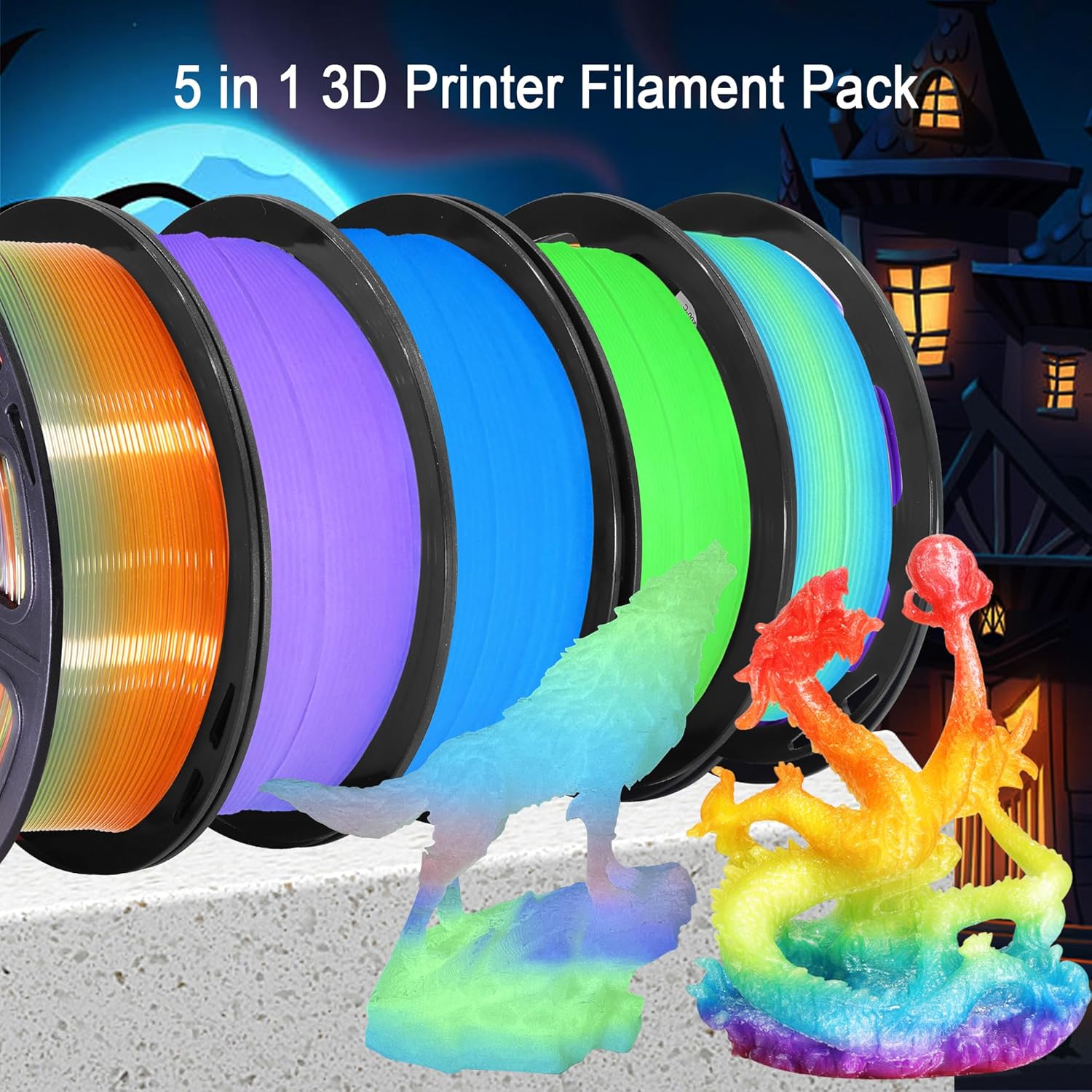 1.75mm pla 3d printer filament bundle: glow in dark green/blue/purple/rainbow, one spool clear multi colored, each spool 250g, total 1.25kg 3d printing material, 250g x 5 spools glow in dark pla 5 colors bundle: glow green/glow blue/glow purple/glow rainbow/clear