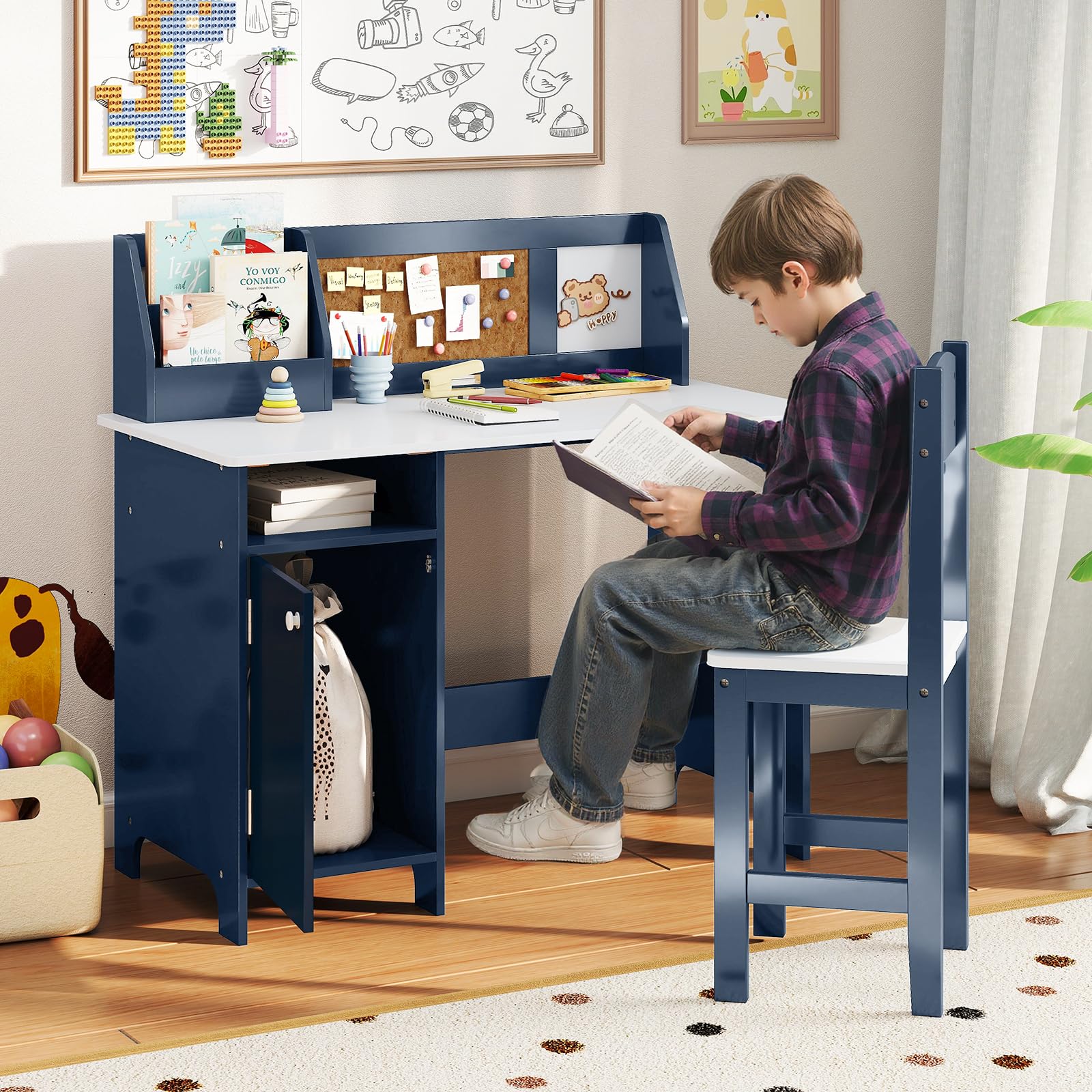 COSTWAY Kinderschreibtisch Set, Schreibtisch Kinder mit Stuhl aus Holz, Schülerschreibtisch mit Bücherregal, Schrank & Pinnwand, Jugendschreibtisch für Kinder ab 3 Jahren (Blau)