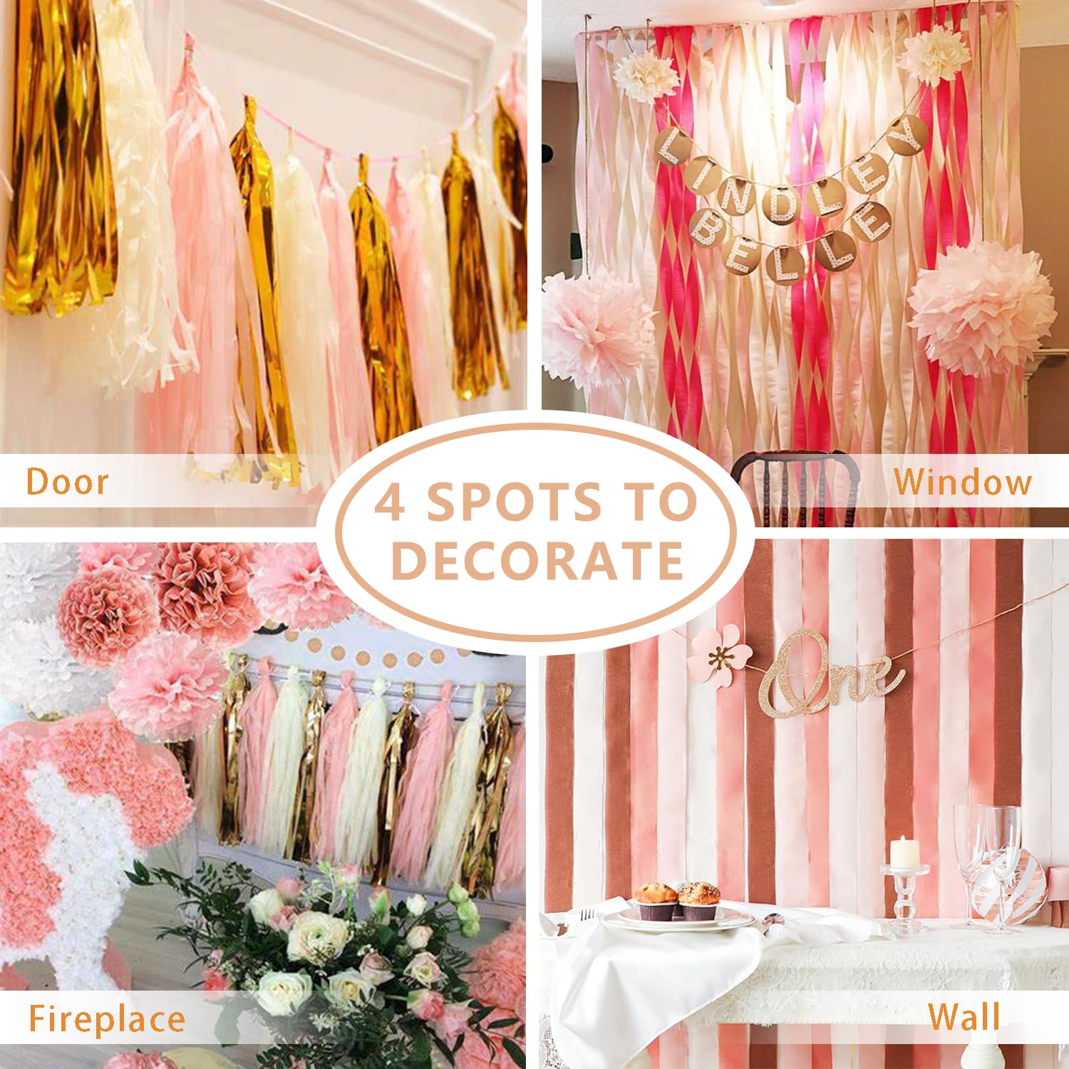 PIGETALE Serpentinas de papel crepé, 4 rollos de 328 pies, paquete de serpentinas metálicas de oro rosa, rosa polvoriento, rosa claro y blanco