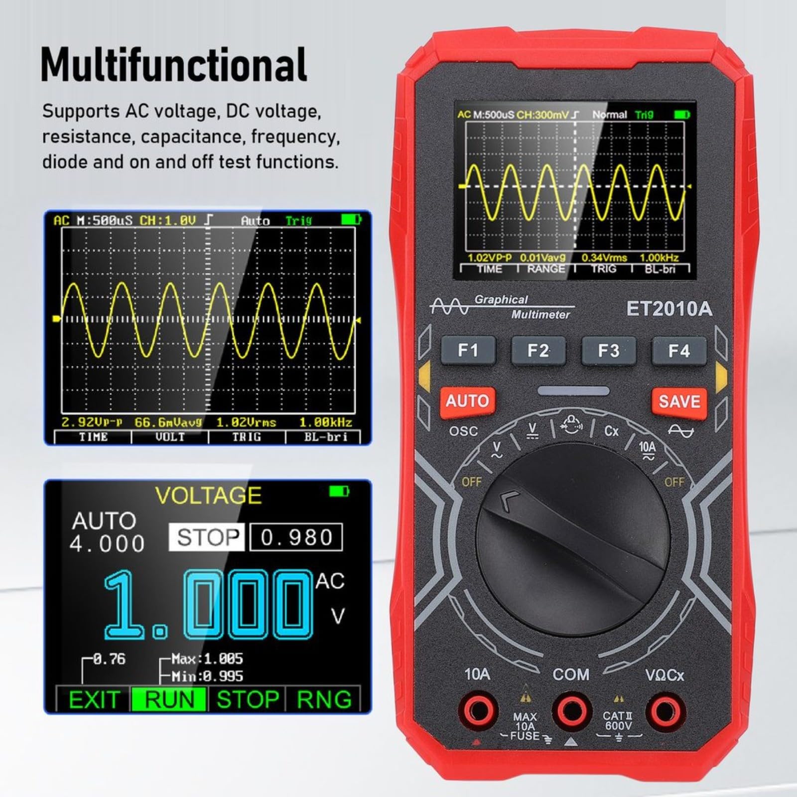 ET2010A Oscilloscope et multimètre 2 en 1, bande passante de 1 MHz, DMM, écran couleur de 6,1 cm avec stockage de données pour réparation électronique automobile