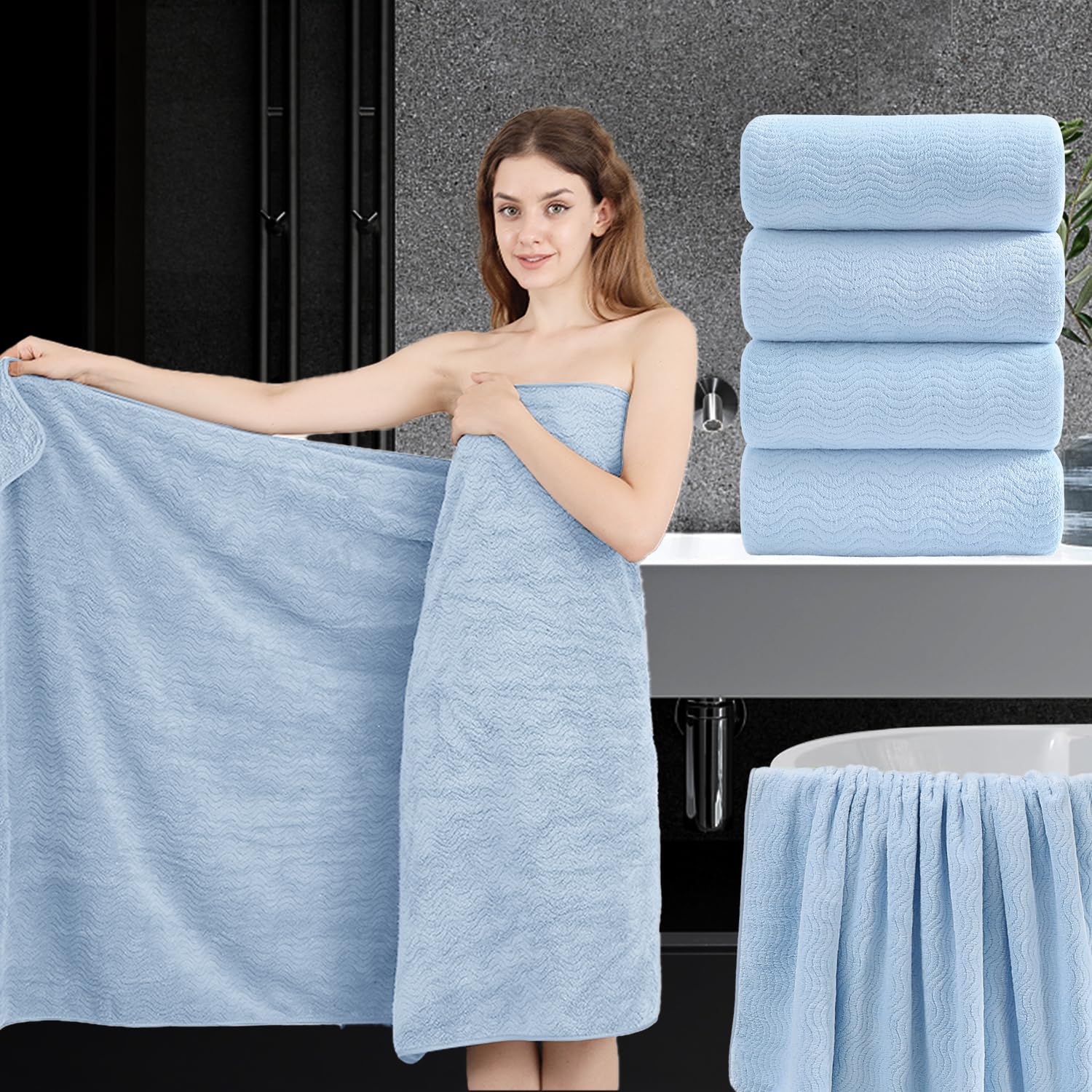 4 Piece Extra Large Bath Towel 35"x70" Oversized Bath Sheet Blue Bath Towel Set for Bathroom Ultra Soft Cozy Highly Absorbent Quick Dry Bathroom Towel