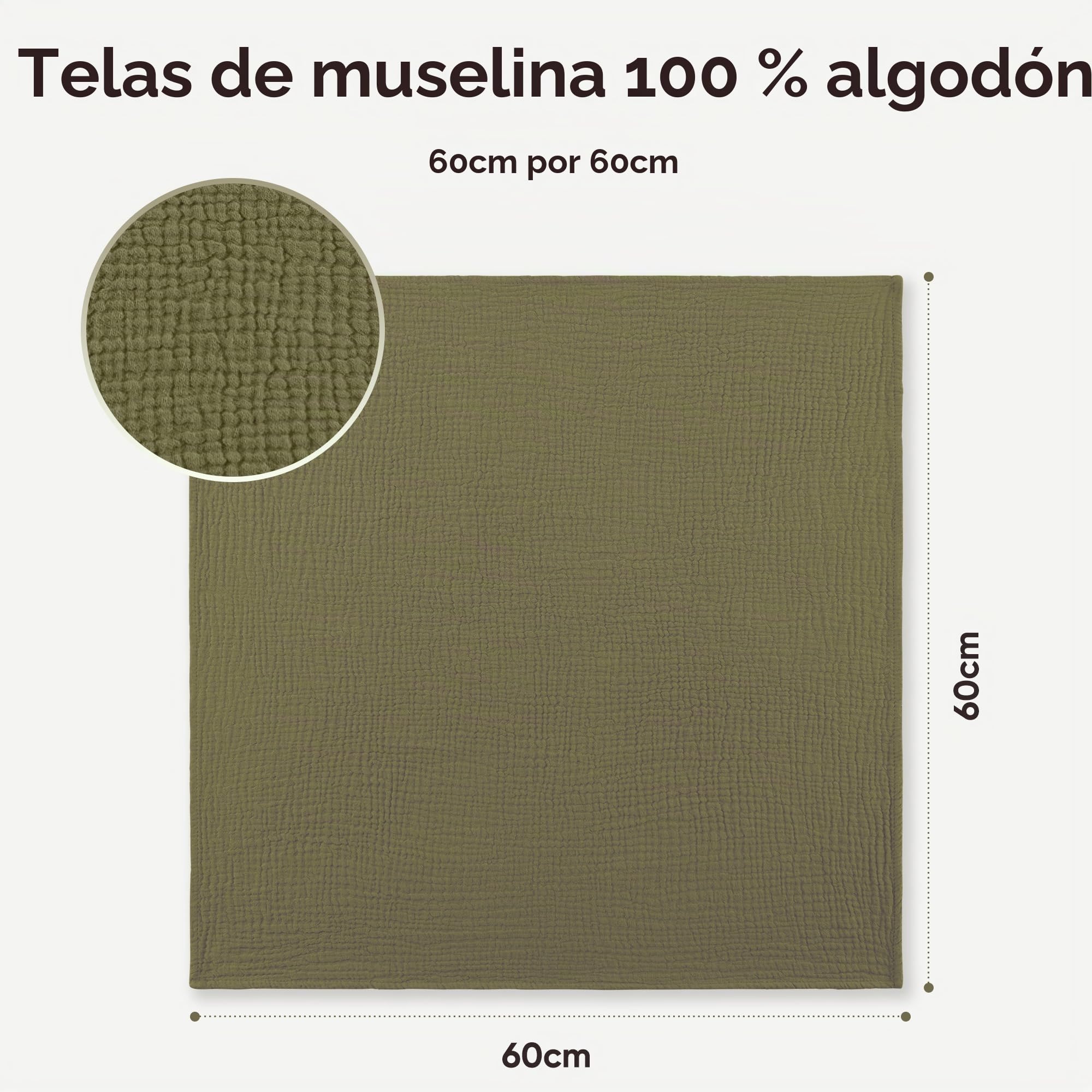 Bearmoss Muselinas Bebe Algodon 60x60cm,6 Piezas 100% Algodón Super Suave Transpirable y Extremadamente Absorbente Gasas para Bebes, Muselinas de Algodón para Recién Nacidos Bebés (Gris Verdoso)