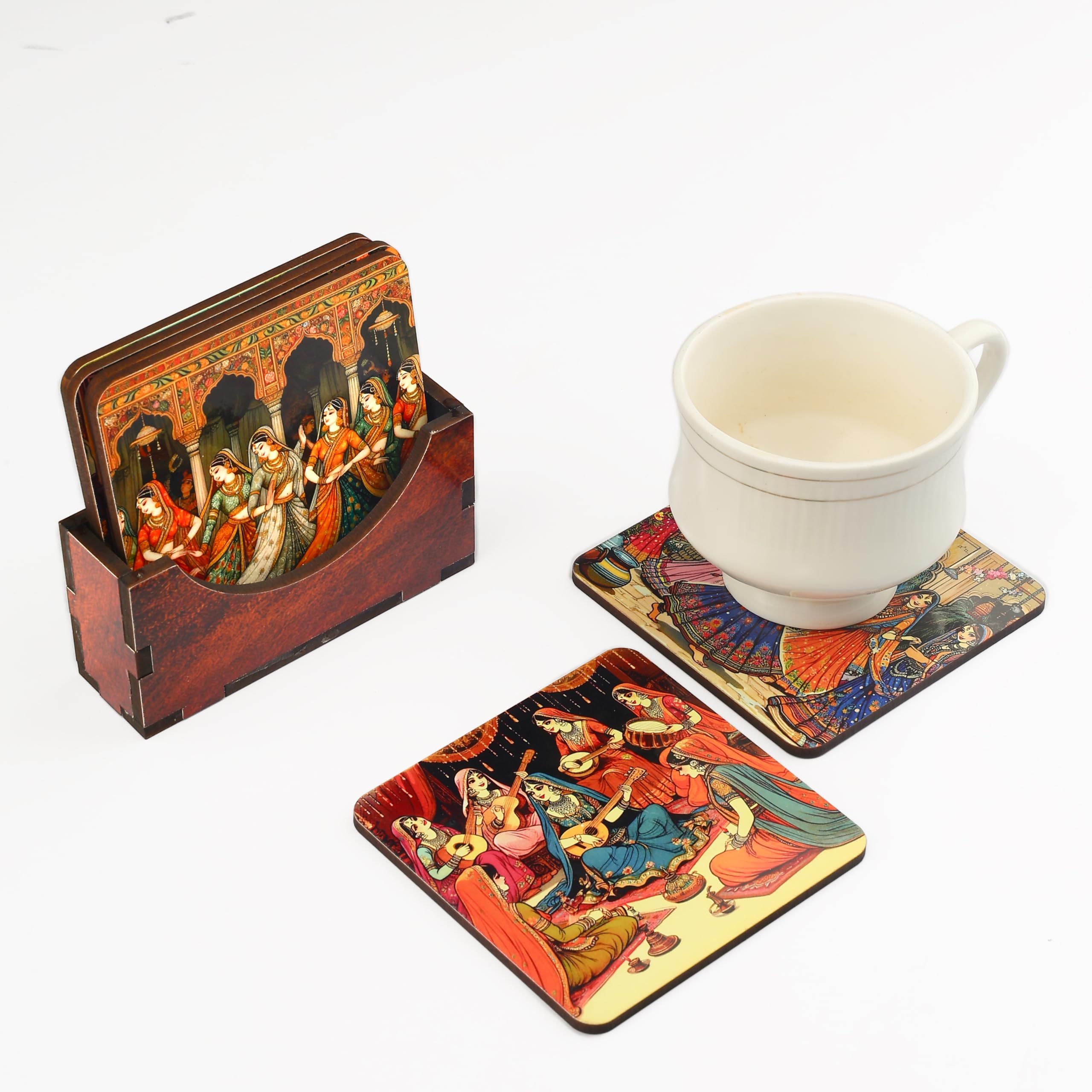 Handmade Wooden Coasters Set with Holder – Ethnic Rajasthani Art Print | Heat Resistant Tea Coffee Cup Coasters | Decorative Tableware Gift (Set of 6)-image-47