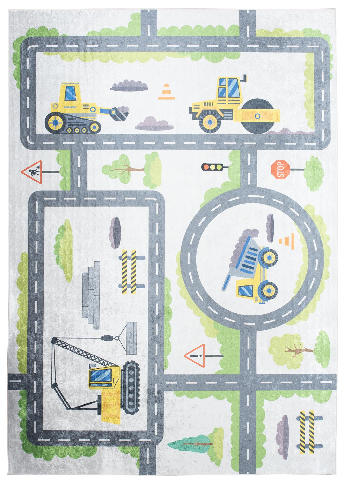 TAPISO Emma Teppich Waschbar bei 30 Grad Bunt Straße Verkehr Baustelle bedruckter Kinderteppich Antirutsch Kinderzimmer Jugendzimmer Modern ÖKO-TEX 140 x 200 cm