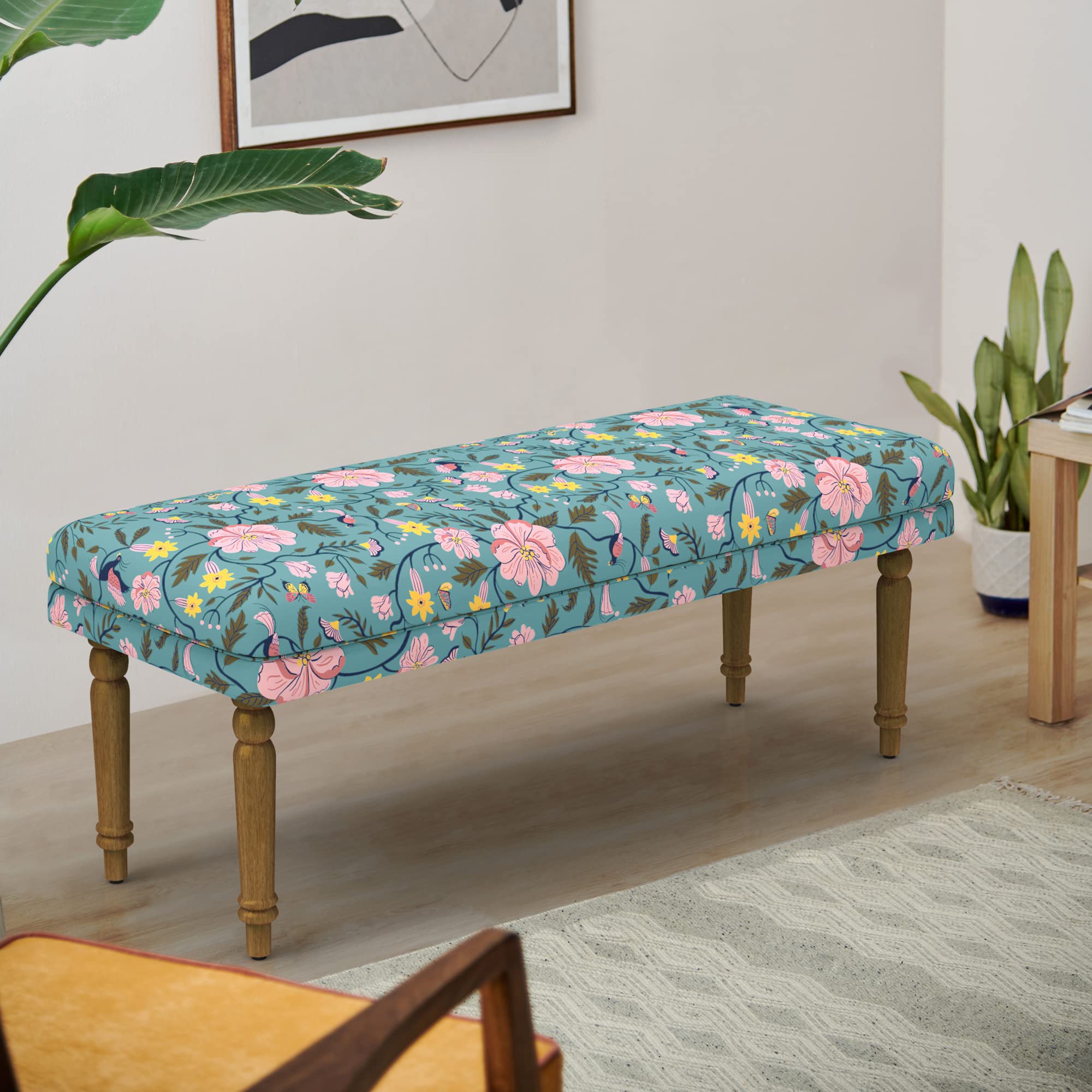 Nawaab Bench - Spring Bloom Teal (3 Seater Bench, Sheesham Wood, Teal)
