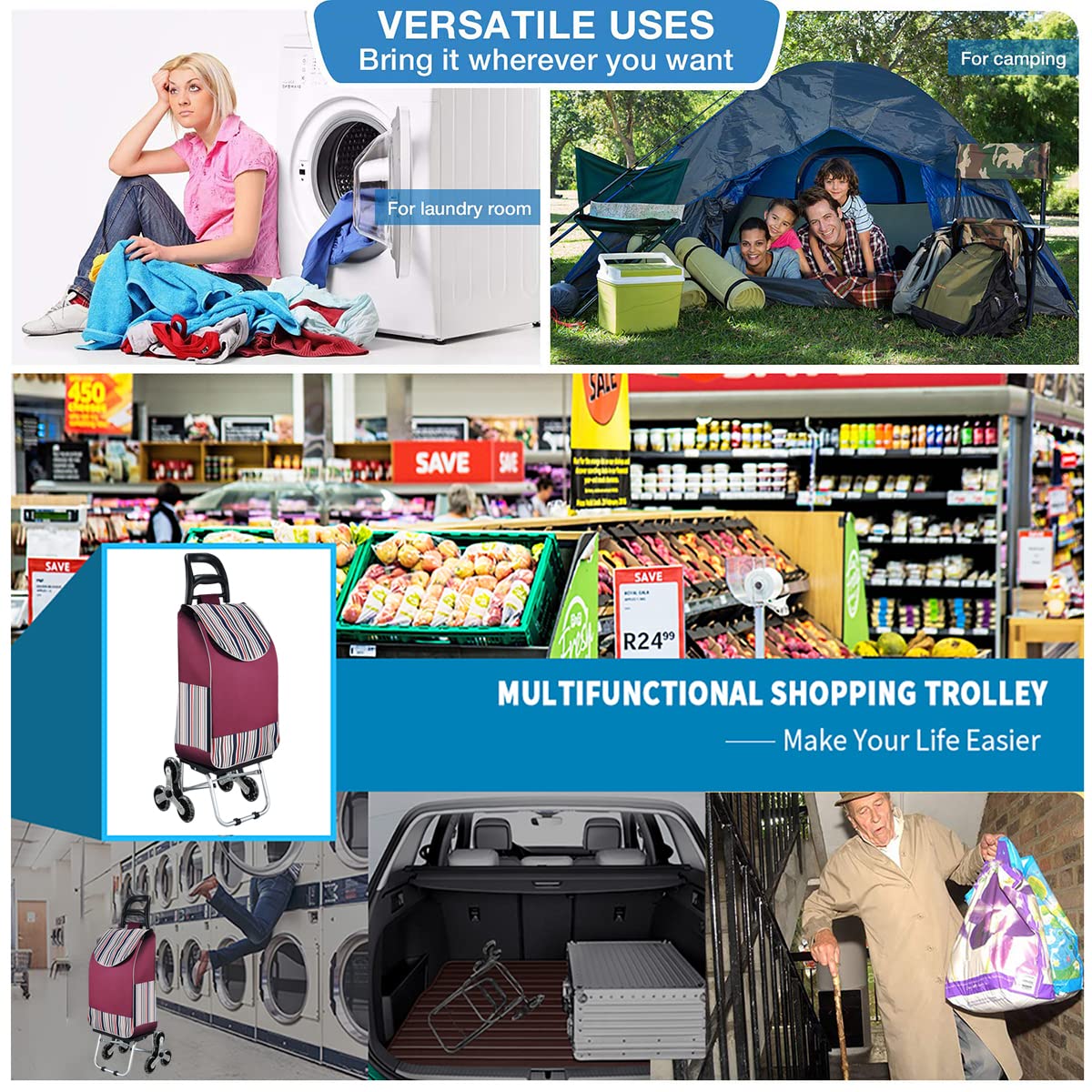 Einkaufstrolley Stabiler 2 in 1 Klappbar Einkaufswagen Multifunktional Treppensteigwagen mit 3 Geräuschlos Räder (D)