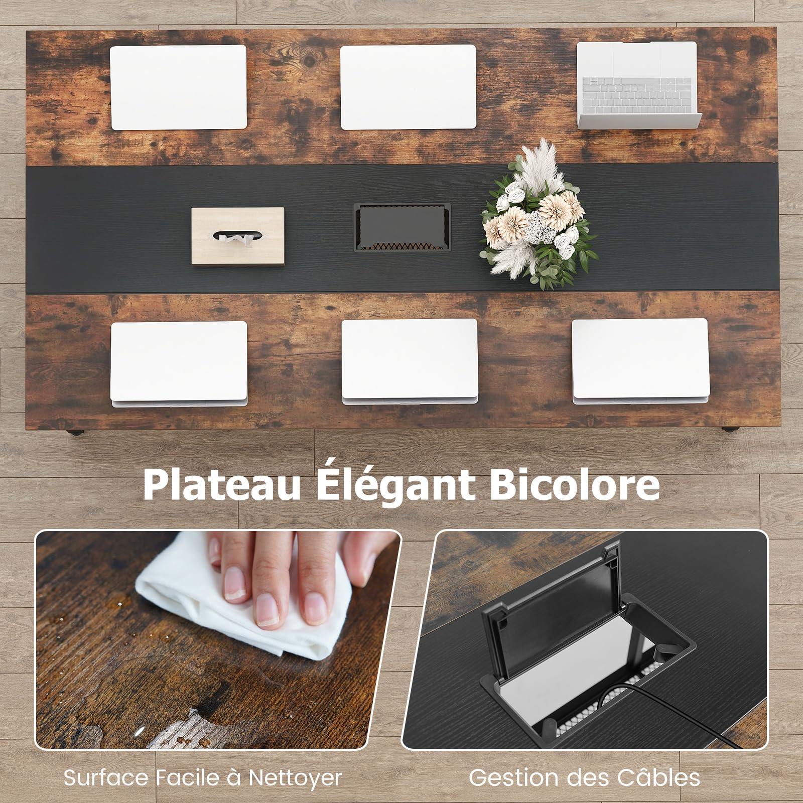 COSTWAY Table de Conférence pour 8 Personnes, Table de Réunion Rectangulaire avec Étagère de Rangement en Maille et Passe-câble, Bureau de Séminaire Industrielle avec Cadre Métallique pour Bureau