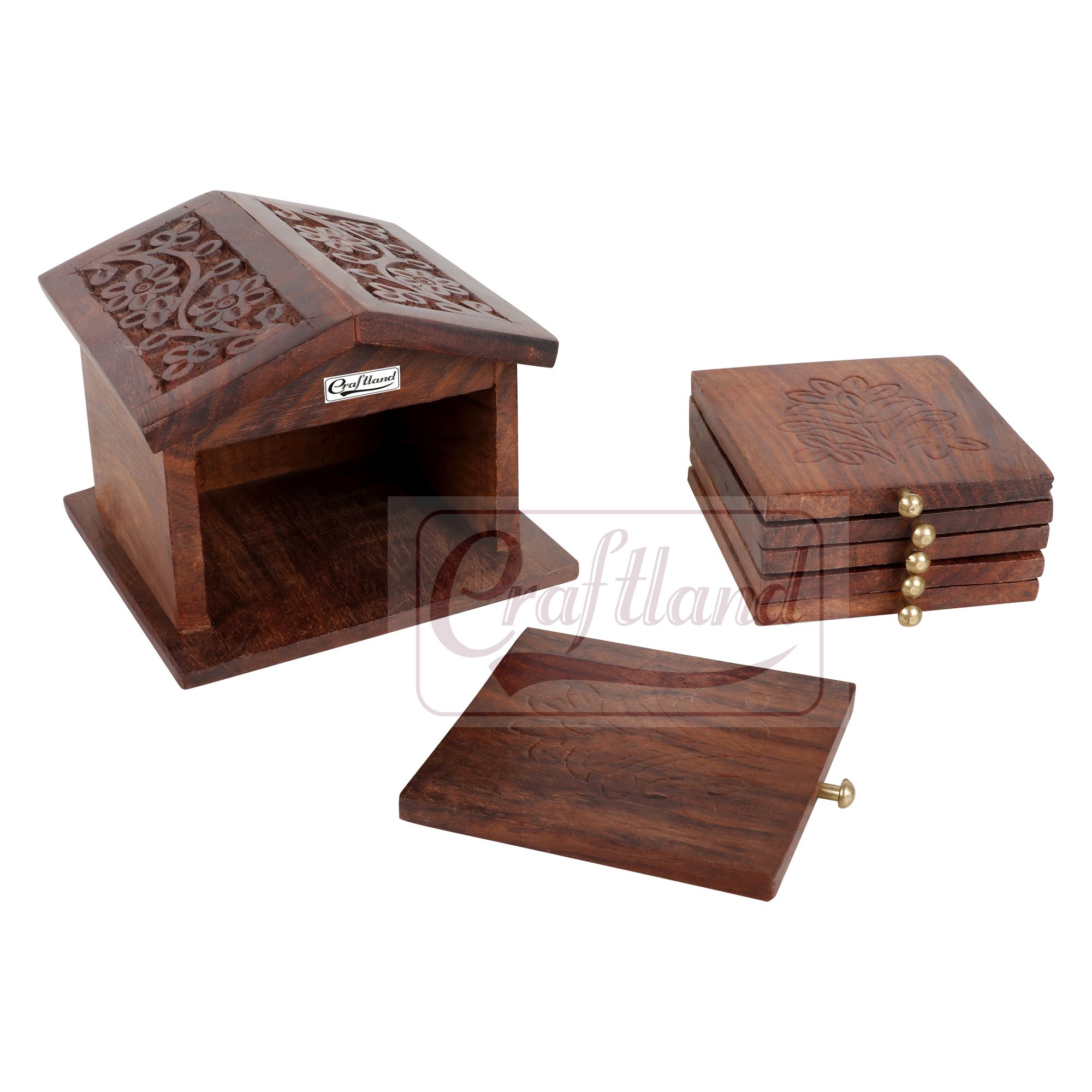 Craftland Wooden Handcrafted (Carved) hut Shaped Coaster Set of 6 for Kitchen/Dining Table Decorative Item for Table/Home-image-20