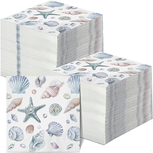 Funrous 200 servilletas de papel de mar de 3 capas, servilletas de conchas marinas, playa costera, coral, náutico, costero, toallas de papel para