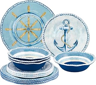 UPware 12 Piece Sail Away Melamine Dinnerware Sets, Outdoor Dishes Set, Plates and Bowls Sets, Service for 4, Blue