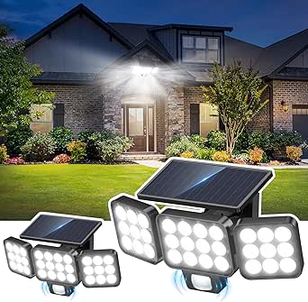 LETMY Solar Lights Outdoor, 3500LM Brighter Lens Motion Sensor Outdoor Lights, 3 Heads Solar Flood Light Outdoors Waterproof, Upgrade Glass Panel, 3 Modes Security Light Motion for Outside Yard 2 Pack