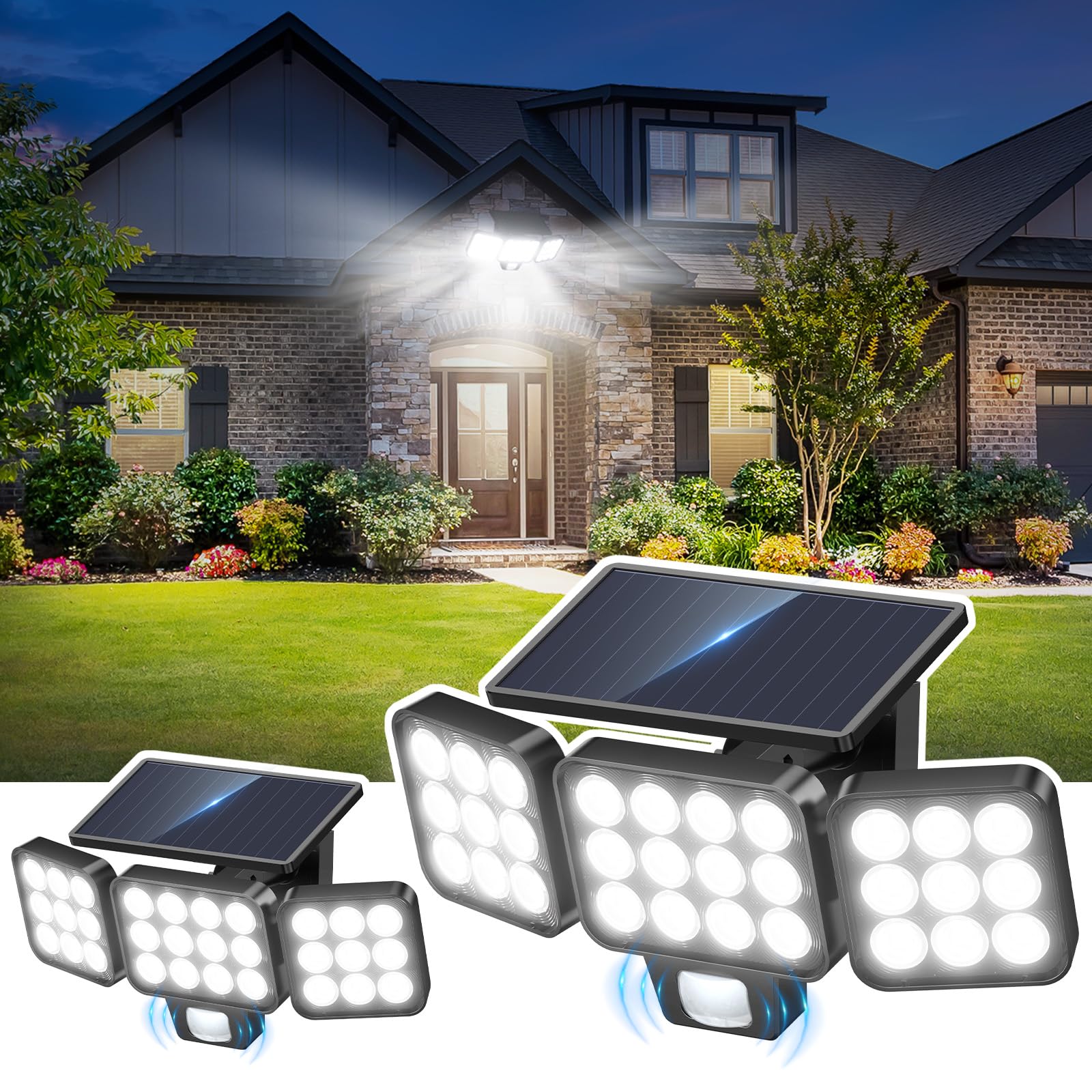 GEARLITE Lampade solari per esterni con sensore di movimento, 2 pezzi, 3500 lm, super luminose LED per esterni, 3 modalità con illuminazione grandangolare a 270°, IP65, impermeabile, lampada da parete