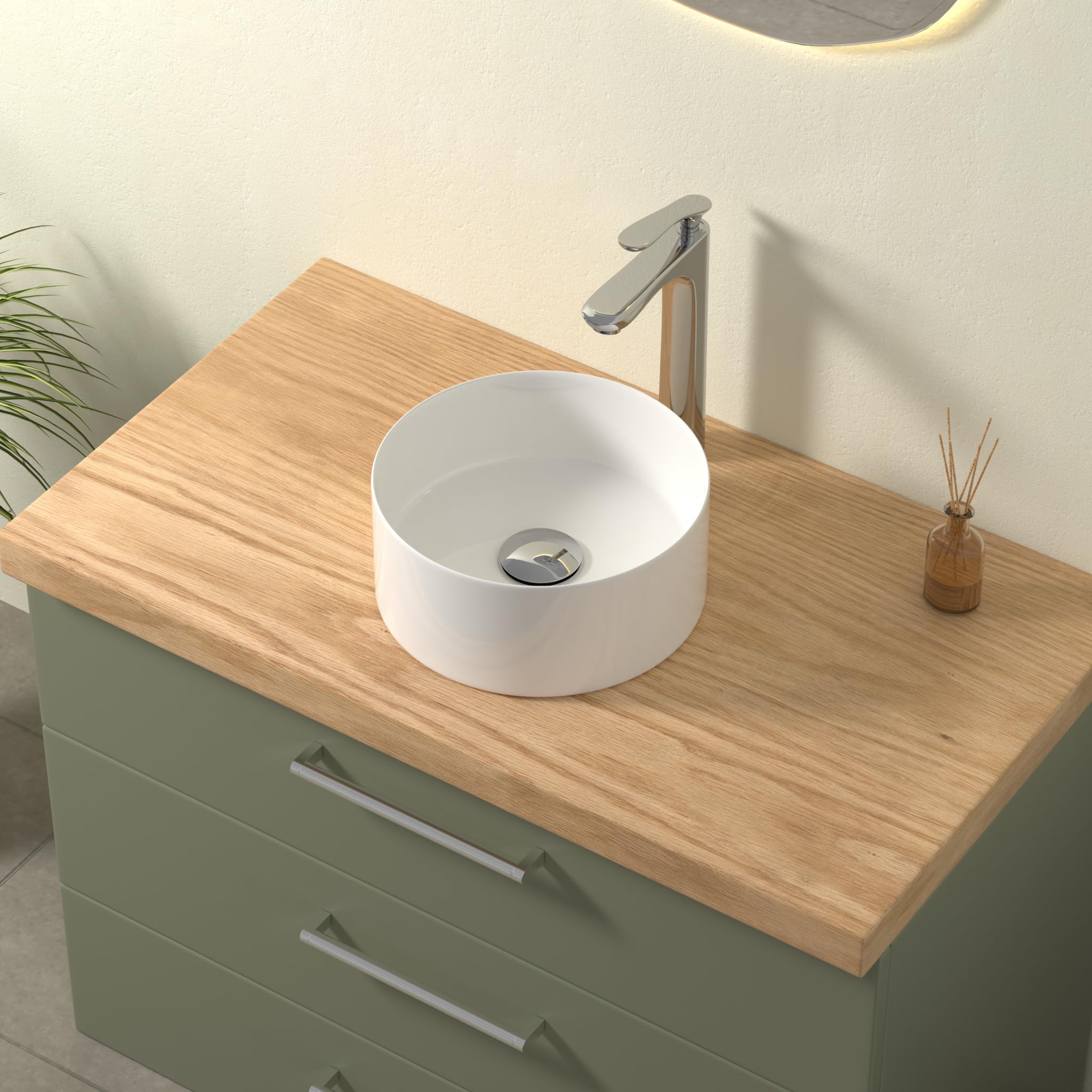 Lavabo rotondo, piccolo lavabo da appoggio, lavabo a mano in elegante design facile da pulire, per bagno e WC degli ospiti (bianco lucido, 31 x 31 x 11 cm)