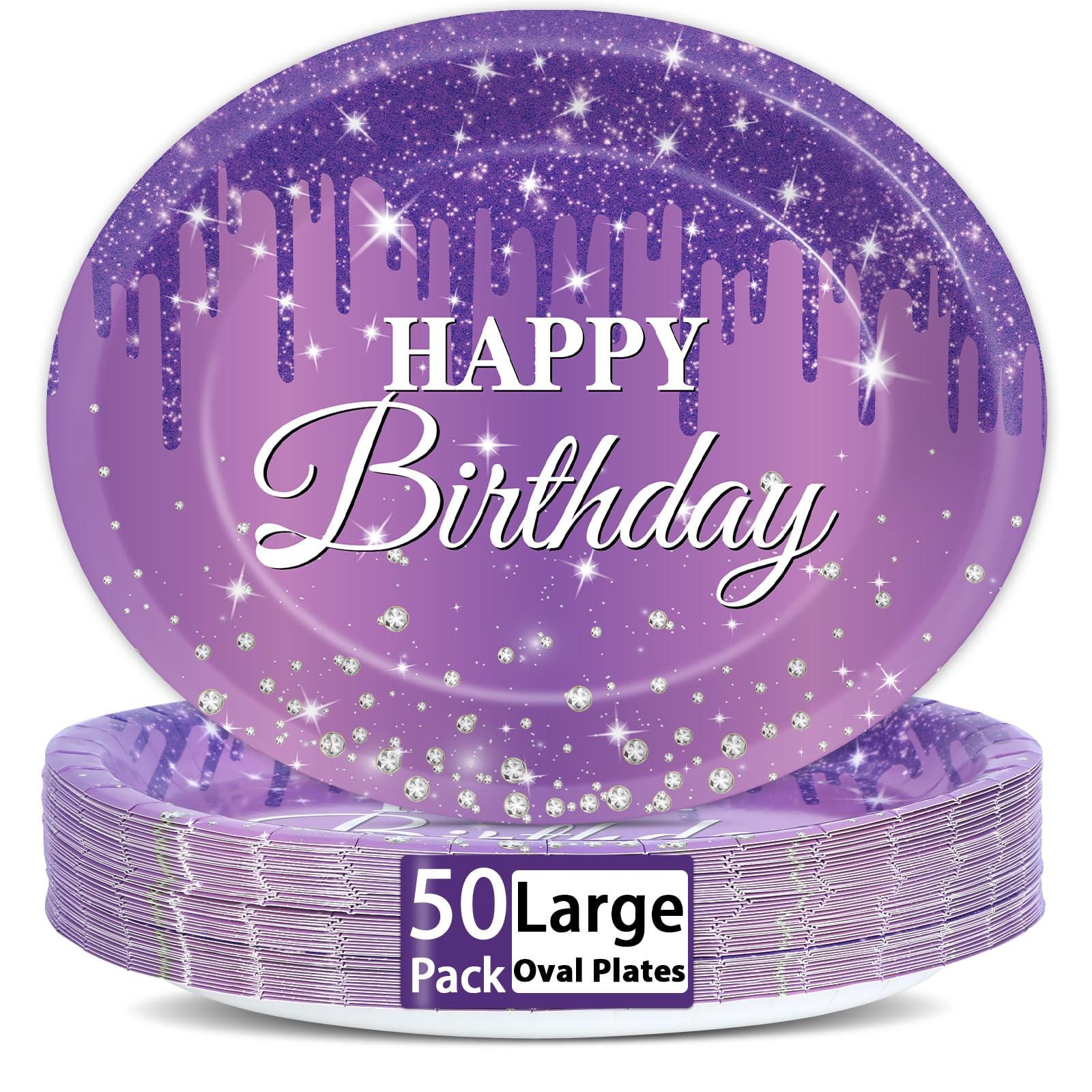 50 platos de papel ovalados de cumpleaños morados y plateados de 11 pulgadas, platos grandes de diamantes con purpurina, decoración de fiesta de cumpleaños, bandeja resistente para niñas y mujeres