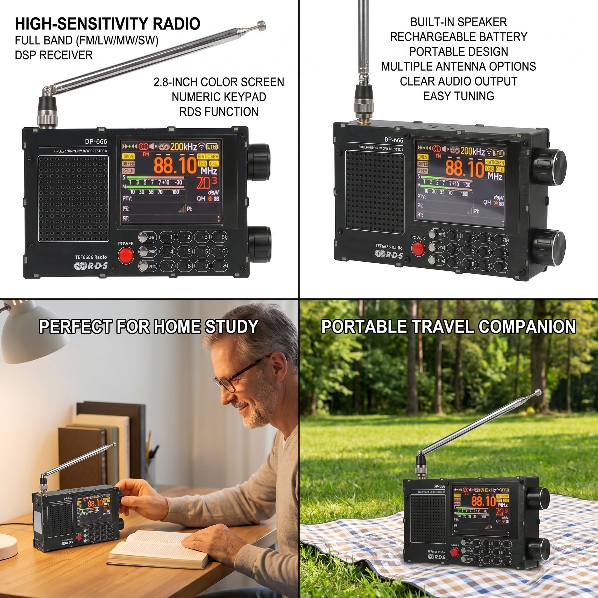 Radio portatile digitale, Radio a onde corte portatile, Radio portatile a onde corte, DP-666 TEF6686 digitale FM AM LW per ricevitore radio MW SW con display RDS, touch screen da 2,8 pollici (nero)