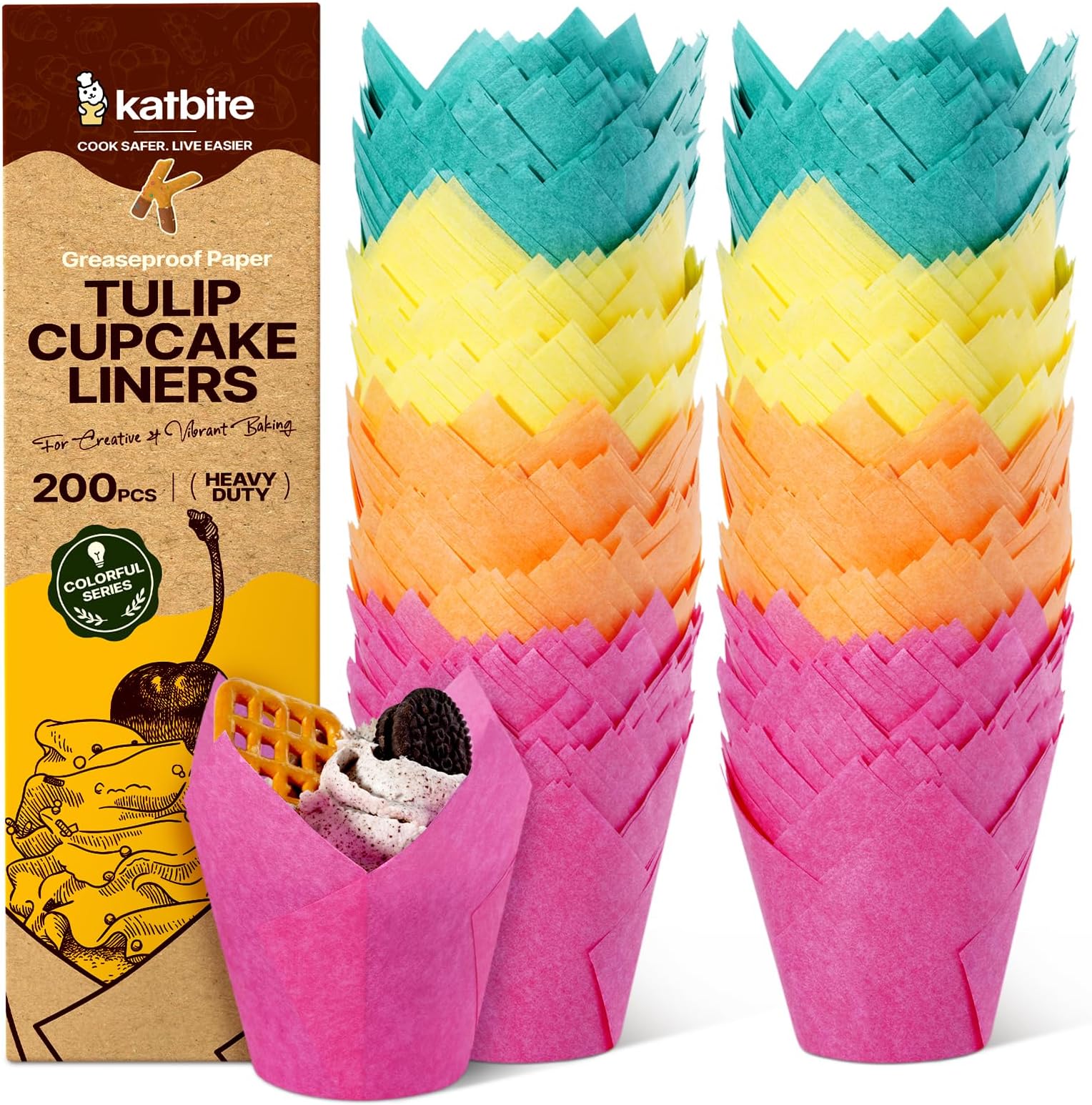 Katbite 200pcs Tulip Cupcake Cases, Standard Muffin Liners, Disposable Baking Cups for Parties, Birthdays, Greaseproof Muffin Cups in Yellow, Orange, Red, Green