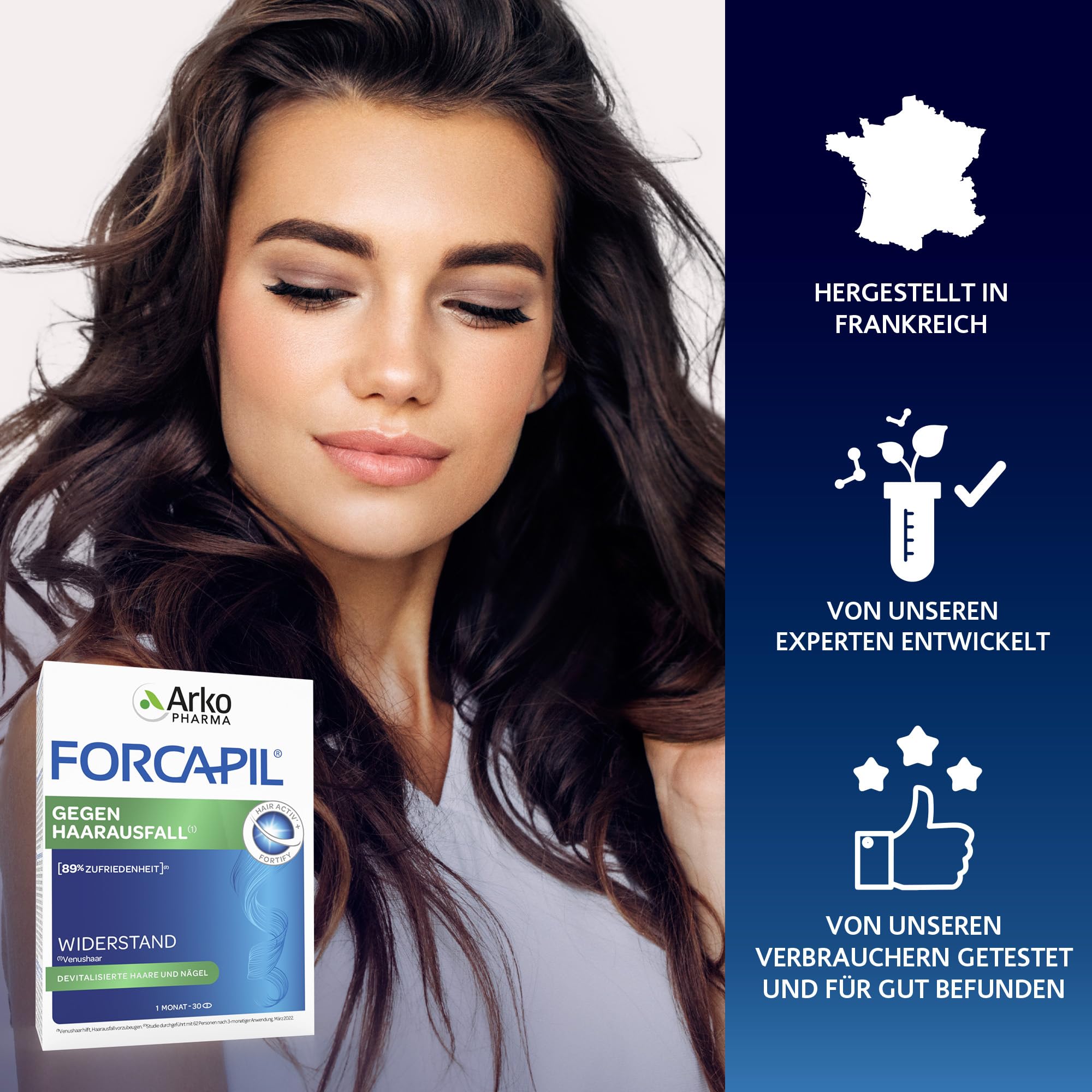ARKOPHARMA - FORCAPIL® Gegen Haarausfall - Haar-Vitamine - Beugt Haarausfall vor - Stärke - Glanz - devitalisierte Haare und Nägel - Venushaar - Biotin - Ab 15 Jahren - 3 Monate - 90 Tabletten