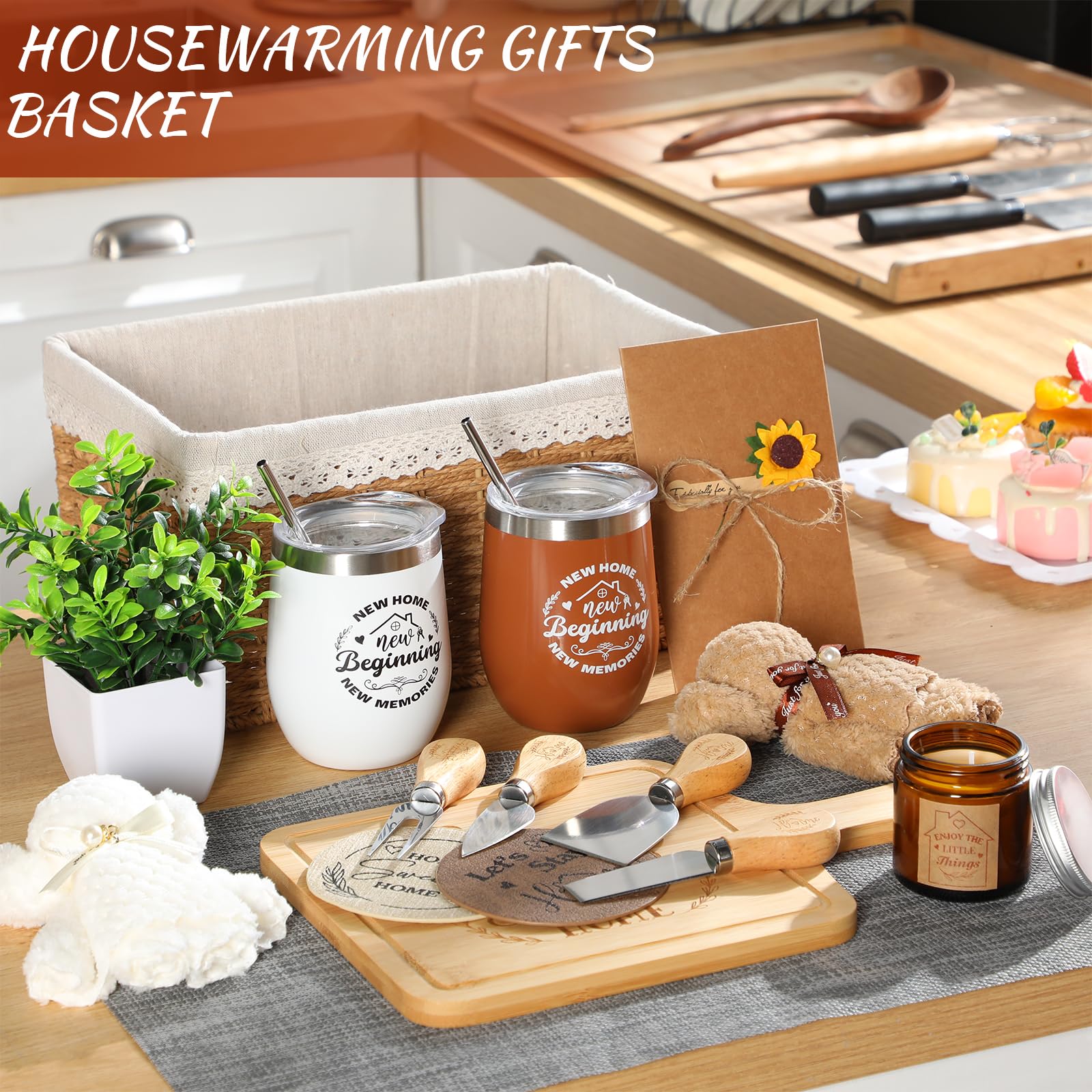 Cesta de regalo de inauguración de la casa, 21 piezas, regalo de inauguración de la casa para nuevos regalos de cierre de apartamentos, regalos para compradores, parejas, mujeres, hombres