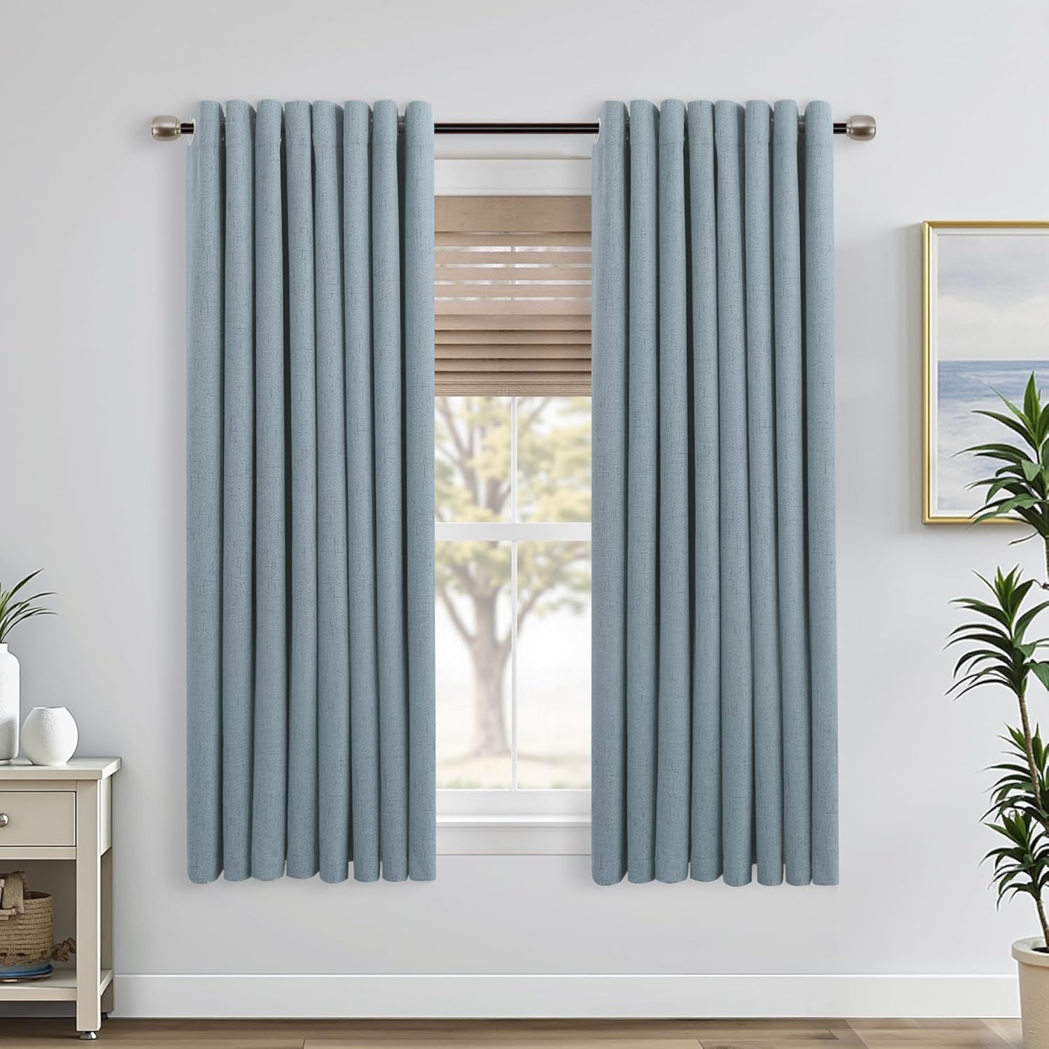 Mrs.Naturall Stone Blue Grommet Linen Blackout Curtains 52 by 45 for Bedroom 52"W x 45"L (Pack of 2) Stone Blue