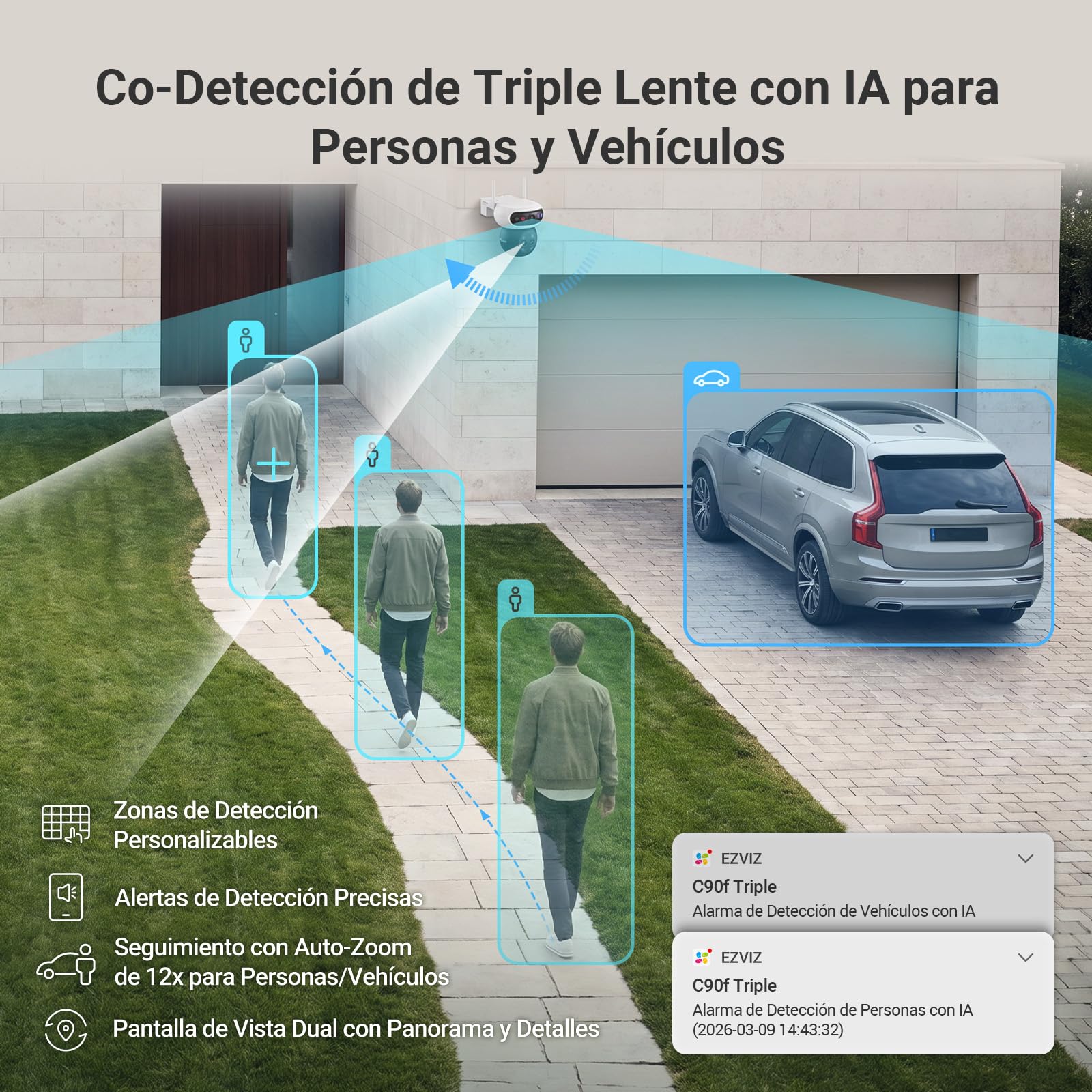 EZVIZ C90f Triple Cámara Vigilancia Exterior WiFi 6, 3K Cámara Triple Lente 360° con Zoom Mixto 12x, Motor Triple, Detección de Humanos/Vehículos IA, Reconocimiento Facial, Visión Nocturna en Color