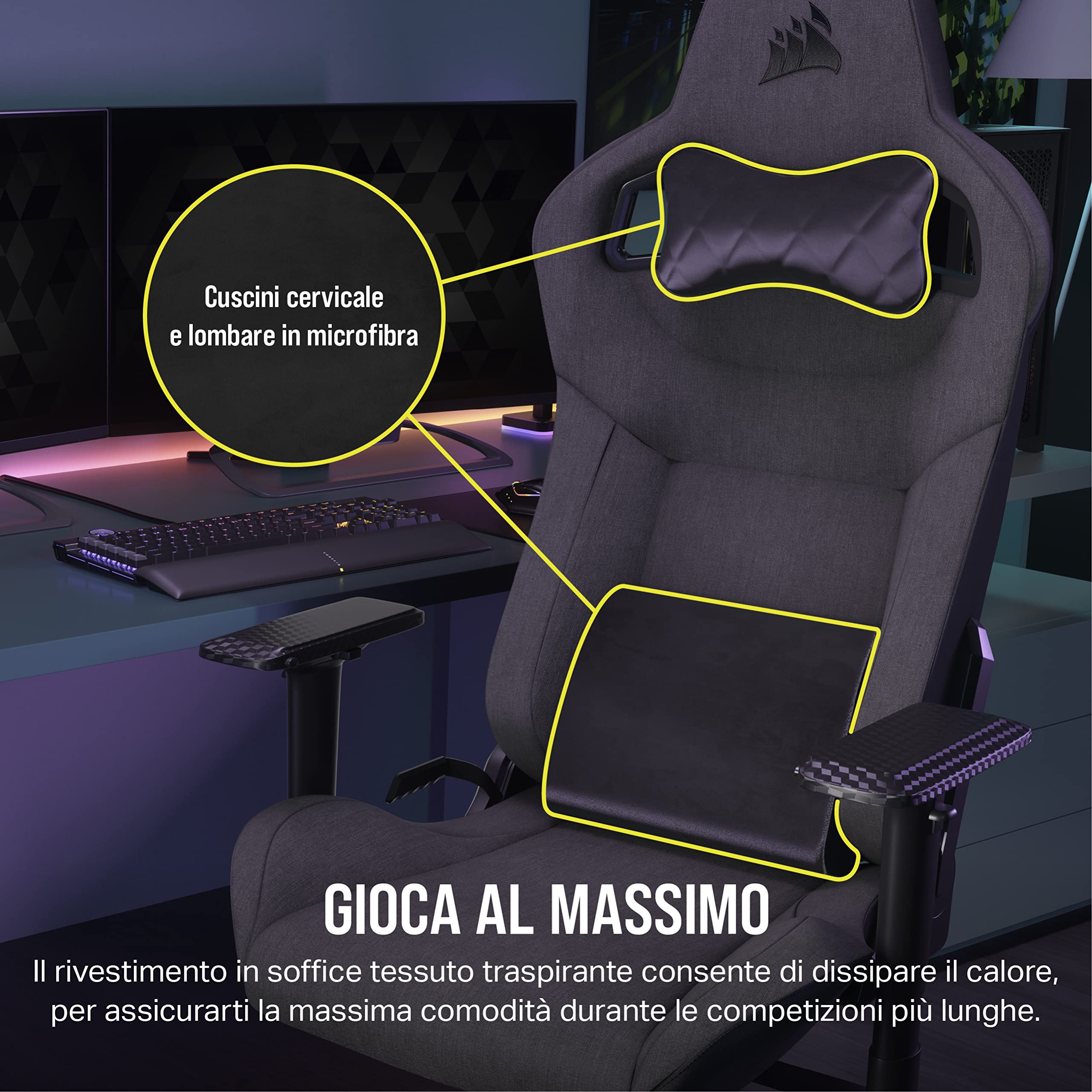Corsair T3 RUSH Fabric (2023) Sedia da Gioco, Tessuto Esterno Morbido Traspirante, Cuscino Cervicale Regolabile e supporto Lombare in Memory Foam, Nero (Carbone)