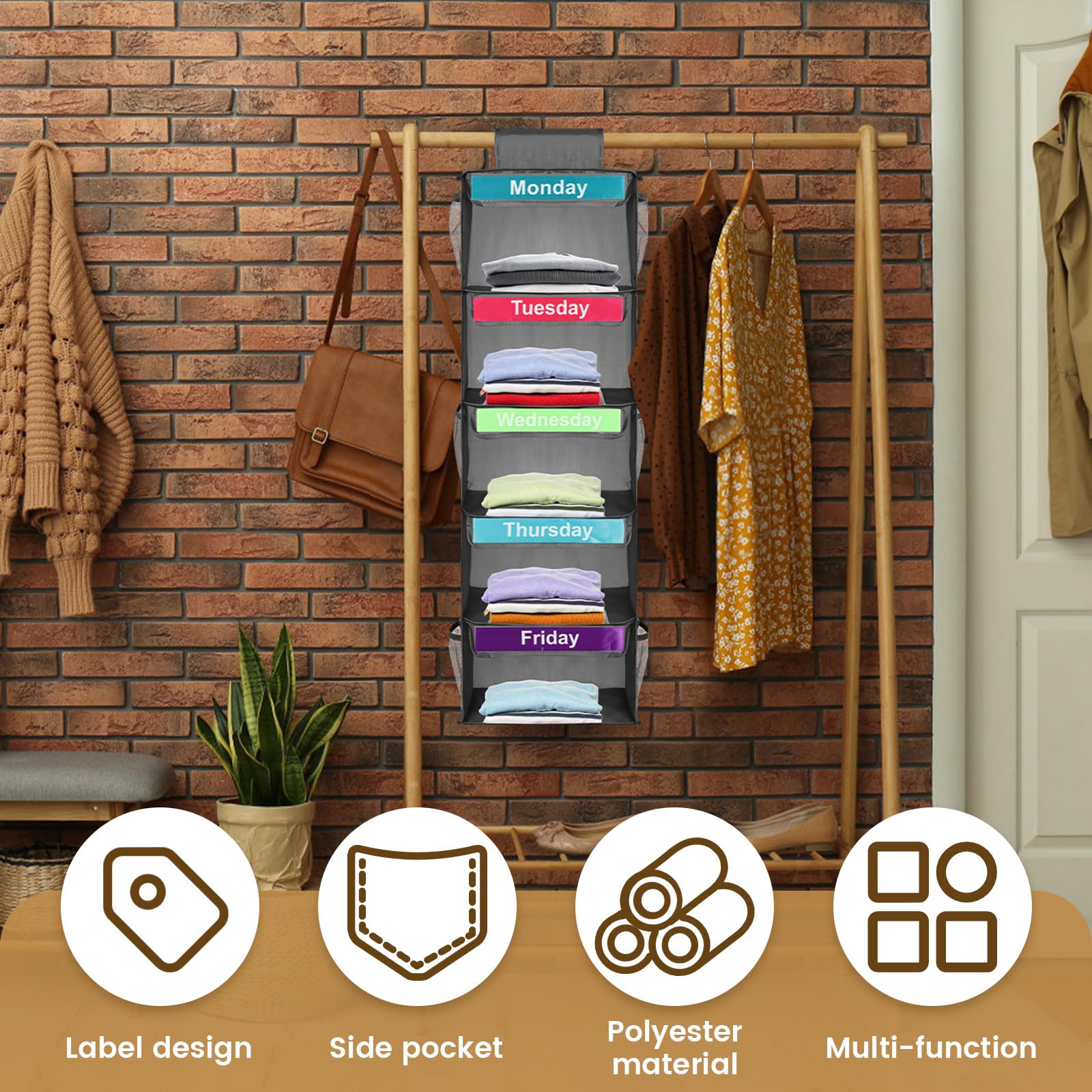 Weekly Clothes Organizer for Kids, 5-Shelf Hanging Closet Organizer with Visual Label, Multipurpose Polyester Clothes Organizer, Monday to Friday Weekly Clothing Organizer for Hats T-Shirts (Gray)