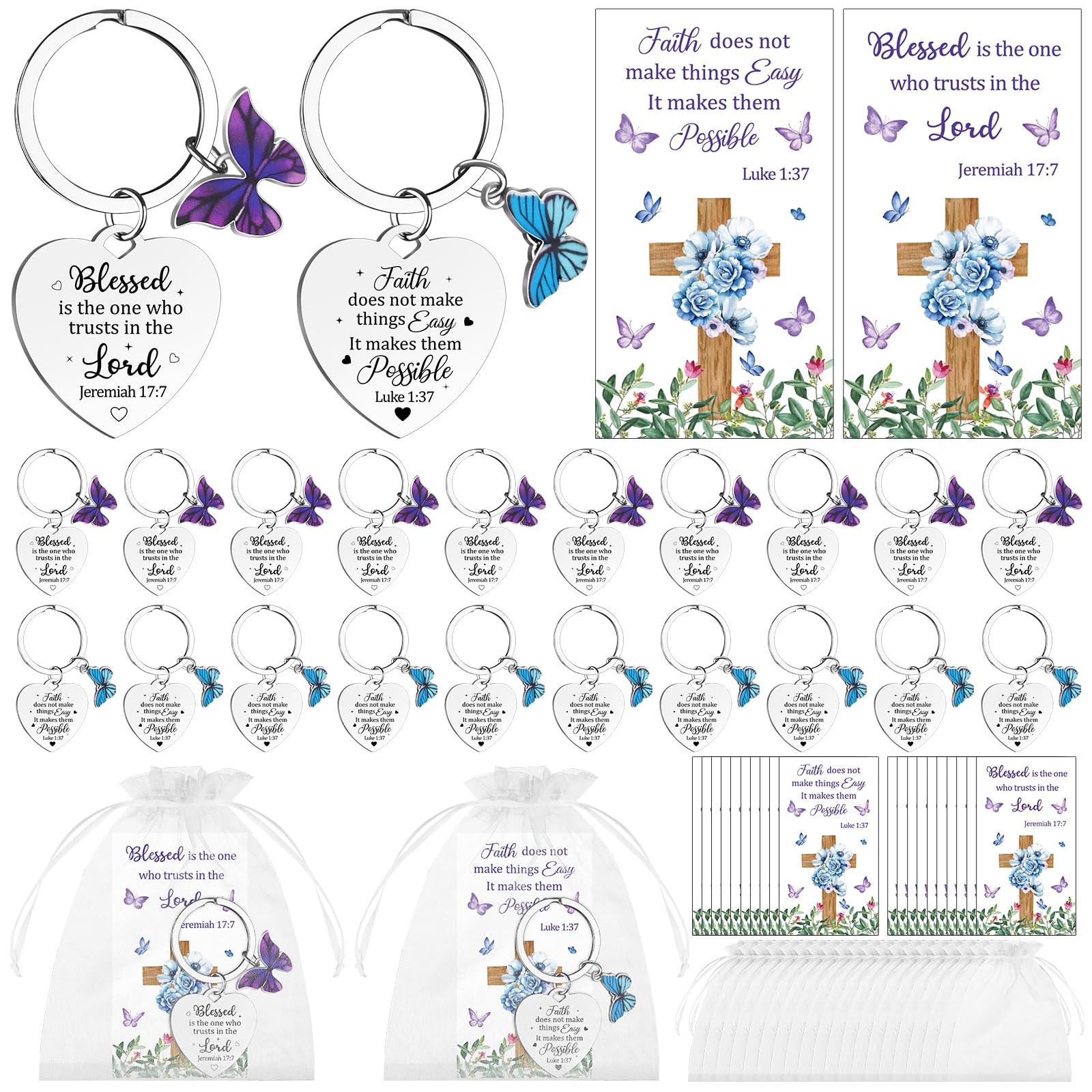 Aoesuny Unisex Purple 20 Sets Inspirational Religious Gifts Christian Butterfly Keychain Motivational Encouragement Thank You Cards And Organza Bags Employee Appreciation Gift For Female Friends Staff Coworkers