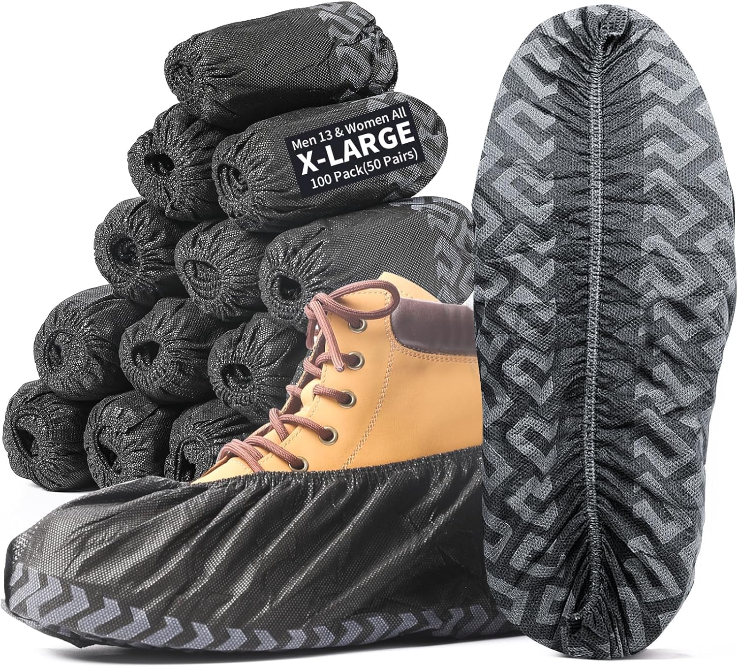 WENTONG Schuhüberzieher Schwarz Rutschfest Vliesstoff Einweg/Mehrweg - 100 Stück (50 Paar) Reißfest & durchriebsicher Überschuhe,XL Einheitsgröße dehnbar passt bis zu Größe 47 EU