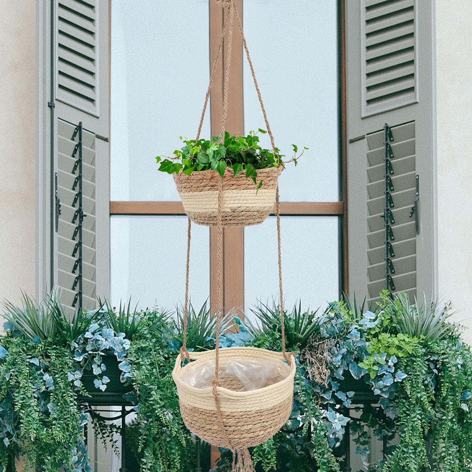 Homoyoyo Cesto Sospeso Intrecciato a 2 Livelli in Materiale Composito per Piante e Fiori, Sospensione per Soggiorno e Giardino, Design Artigianale in Corda Naturale