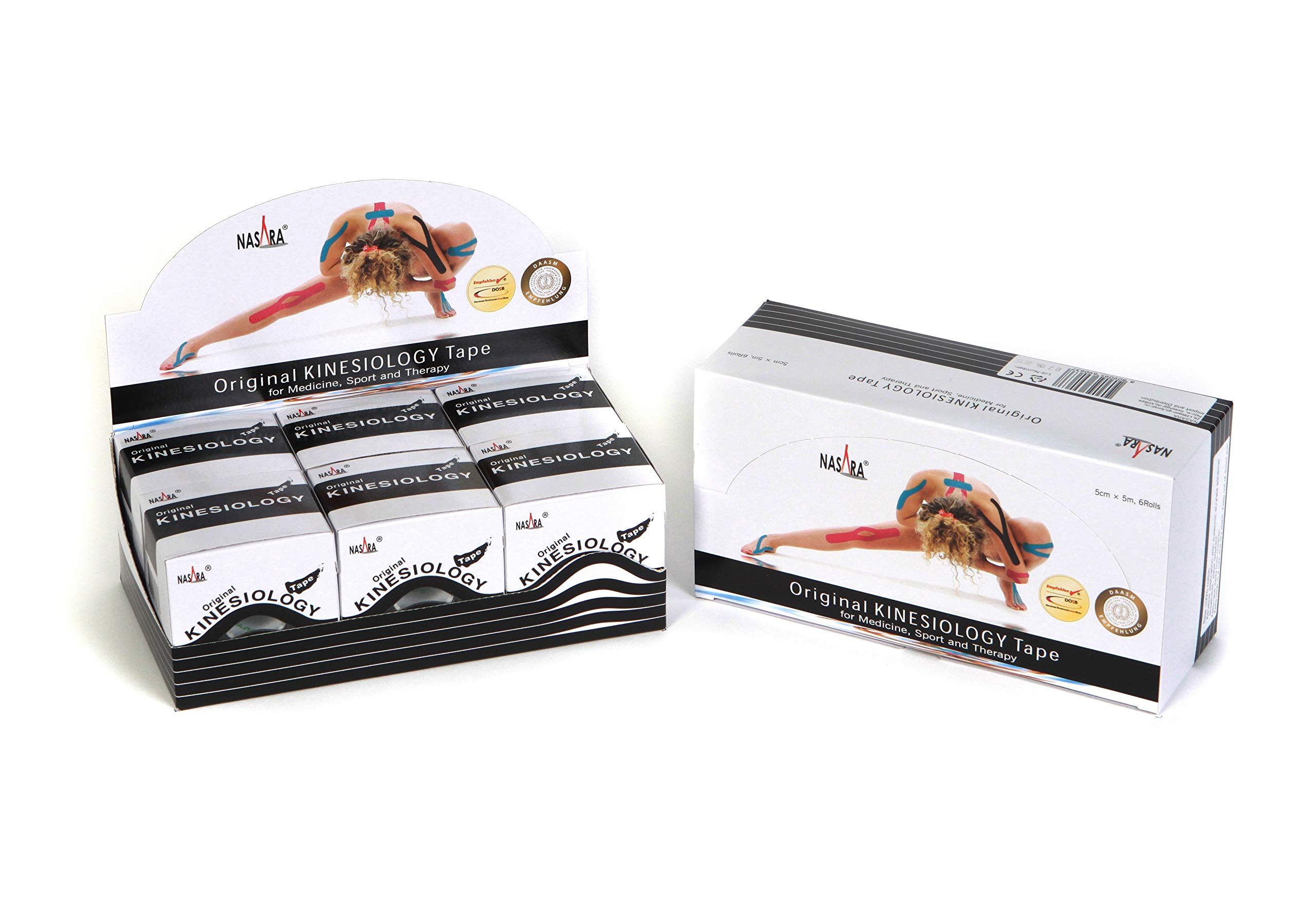 Nasara Original Kinesiology Tape, 6er Box, Schwarz | 6er Box mit 6 Tapes, Für Sport und Medizin, Gratis Videoanleitungen inklusive, Rollengröße 5cm x 5m