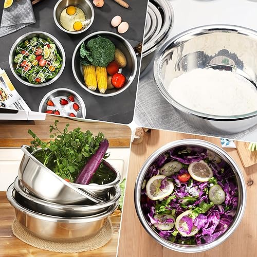 Miniatura 7 de Juego de 5 tazones de acero inoxidable para mezclar de metal para el hogar, 1.52345 cuartos de galón, para el refrigerador, cocina, organizadores de