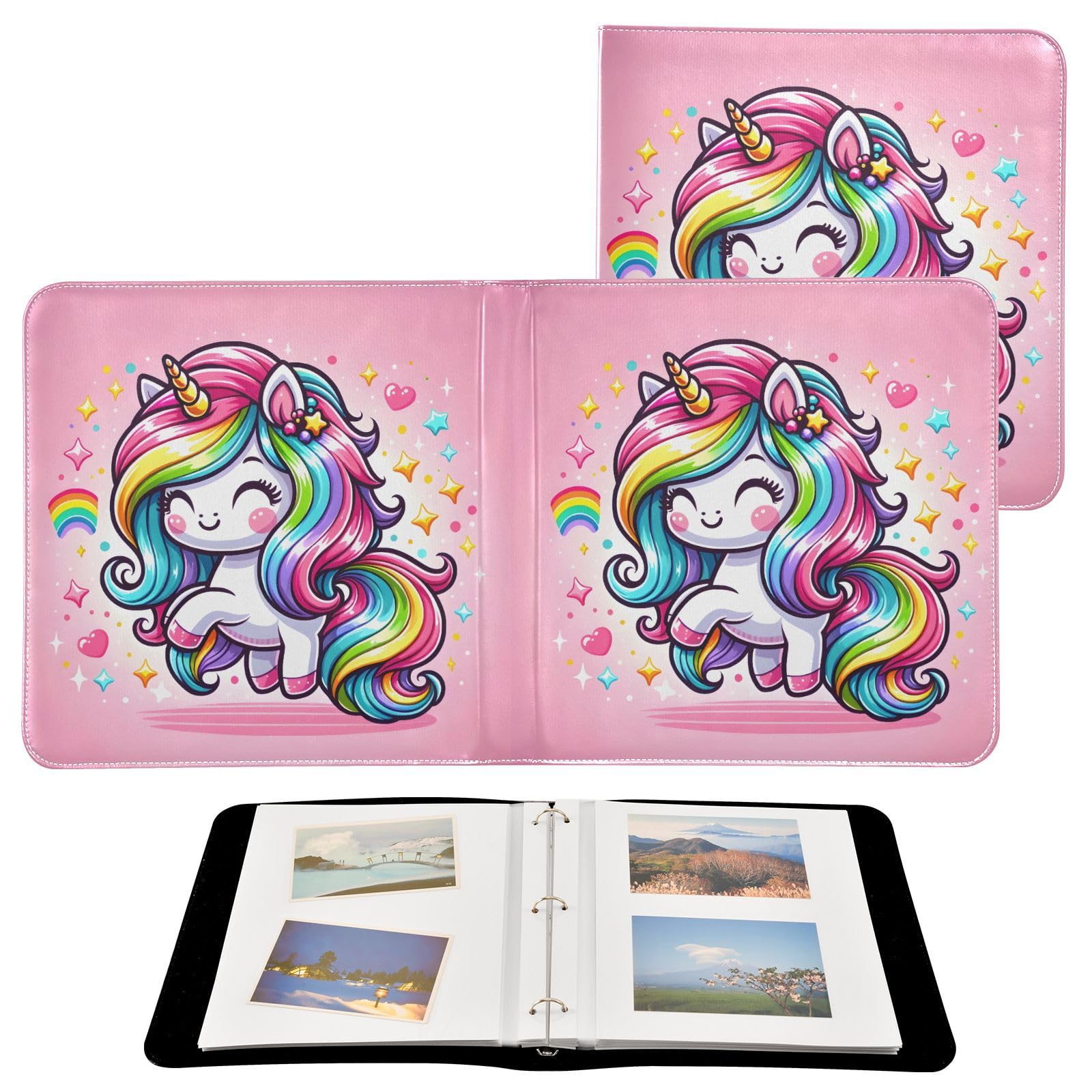 JIPONI Cute Cartoon Rainbow Unicorn Large Photo Album, DIY Leather Cover Scrapbook Albums for 4x6 5x7 6x8 Pictures, Self Adhesive Memory Book for Wedding, Baby, Family